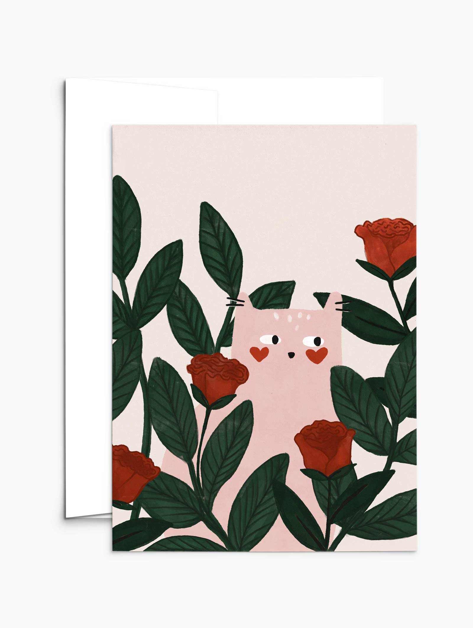 Lovey Dovey Cat greeting card with pink cat and red roses on recycled paper