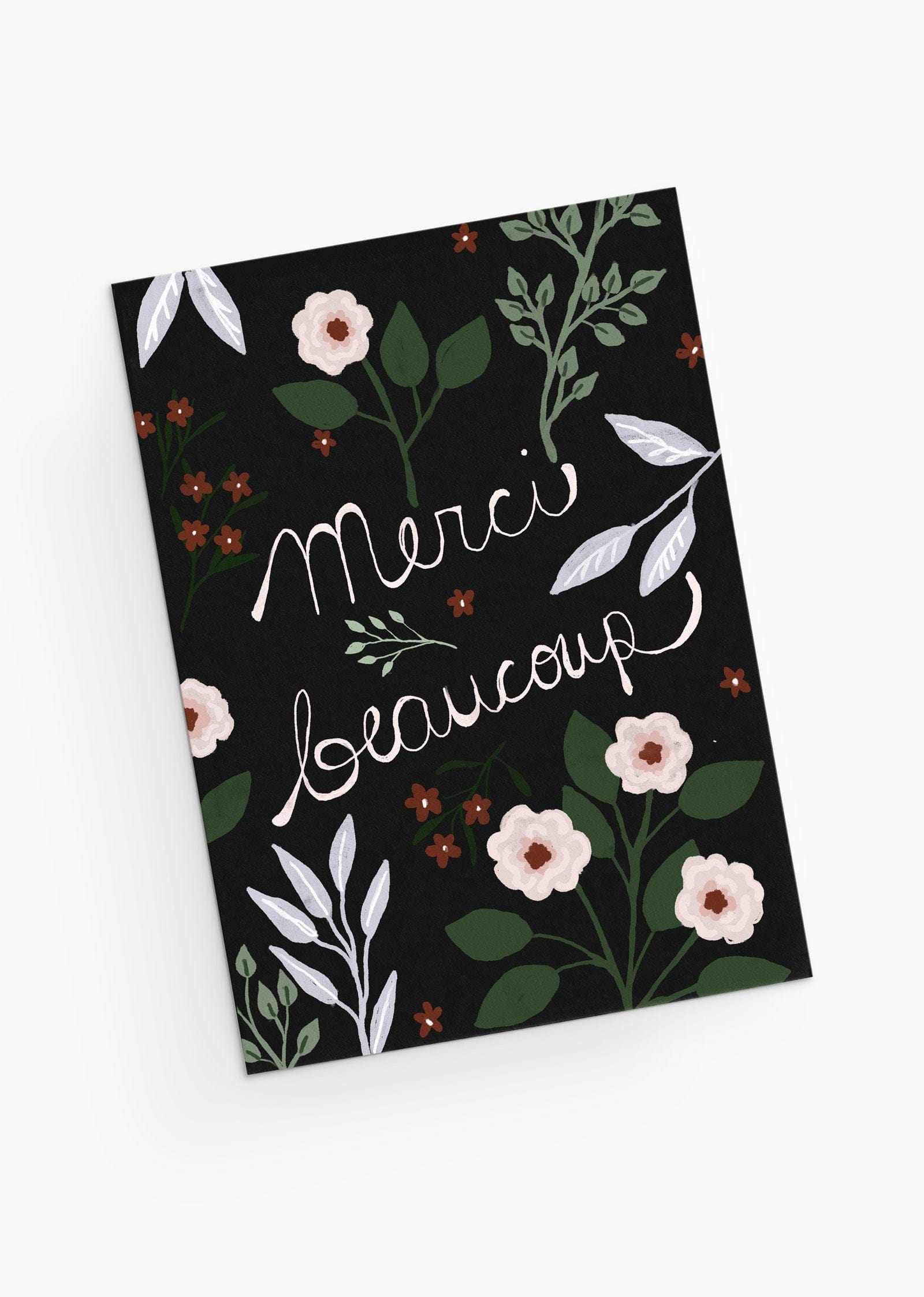 Beautiful thank you dark blue greeting card with plants and flowers- By Mimi & August