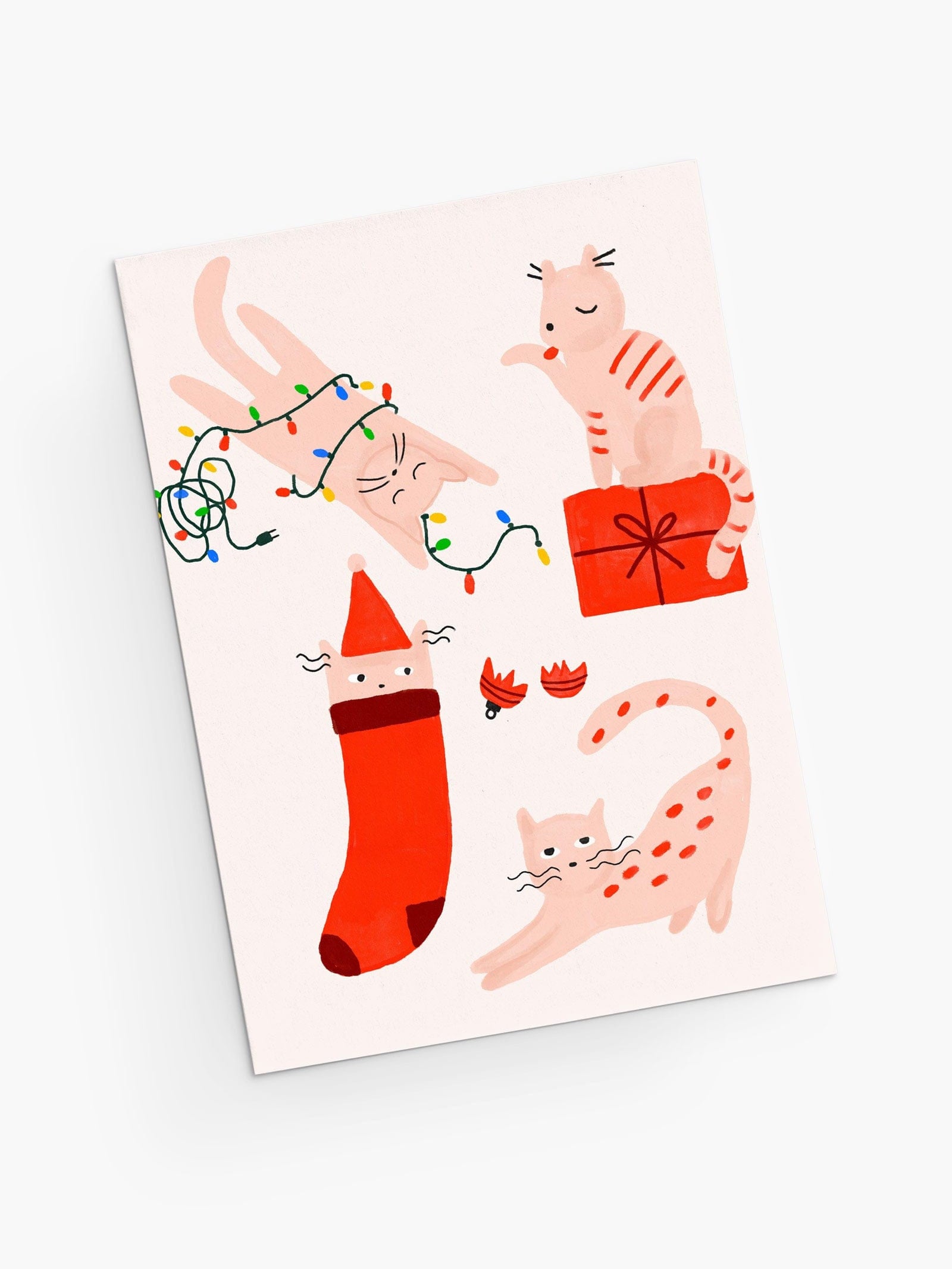 christmas cats joyful playing with christmas lights and gifts- holiday greeting card by Mimi & August