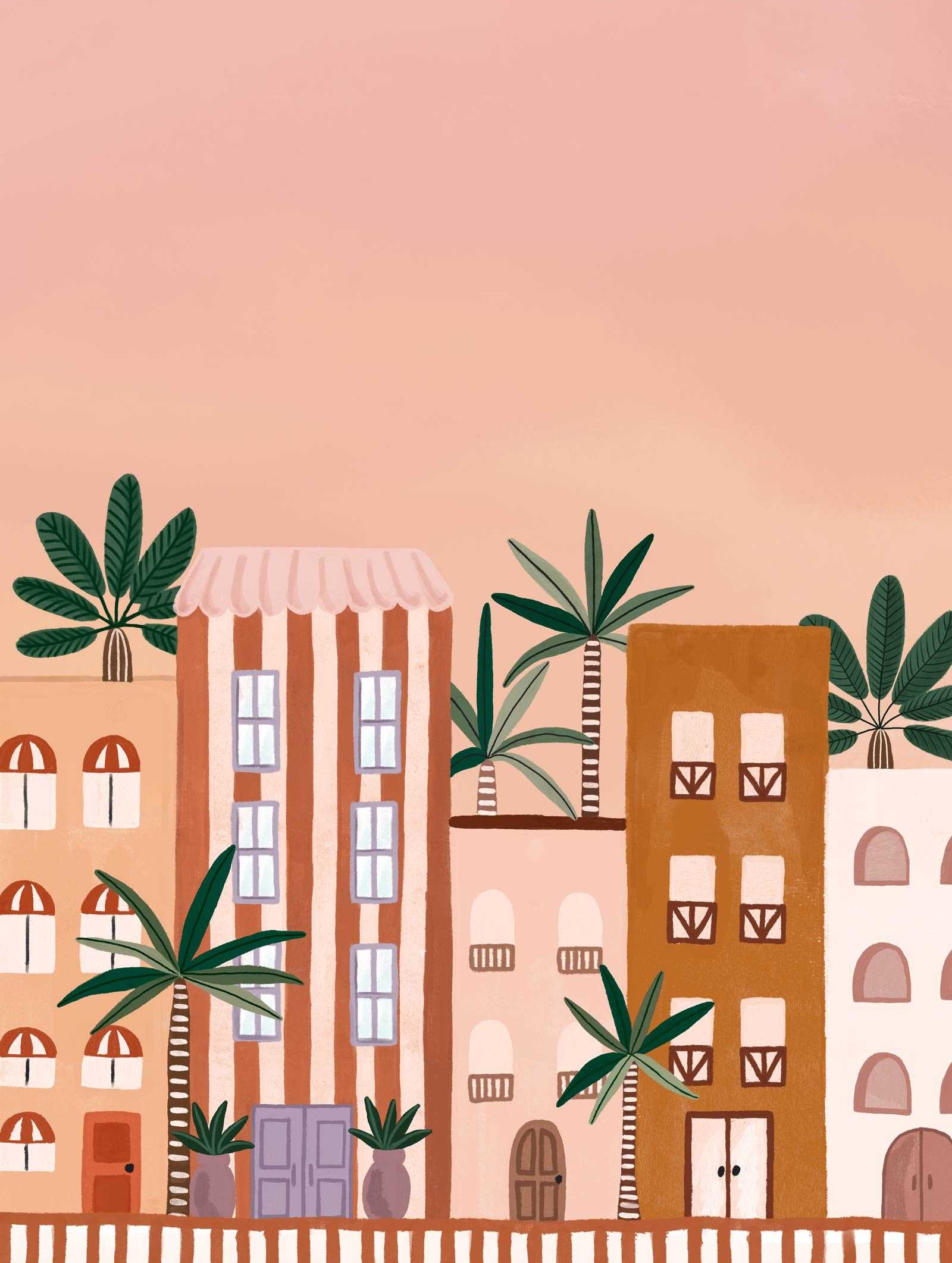 Vibrant Miami art print of colorful sunset cityscape with palm trees on recycled paper