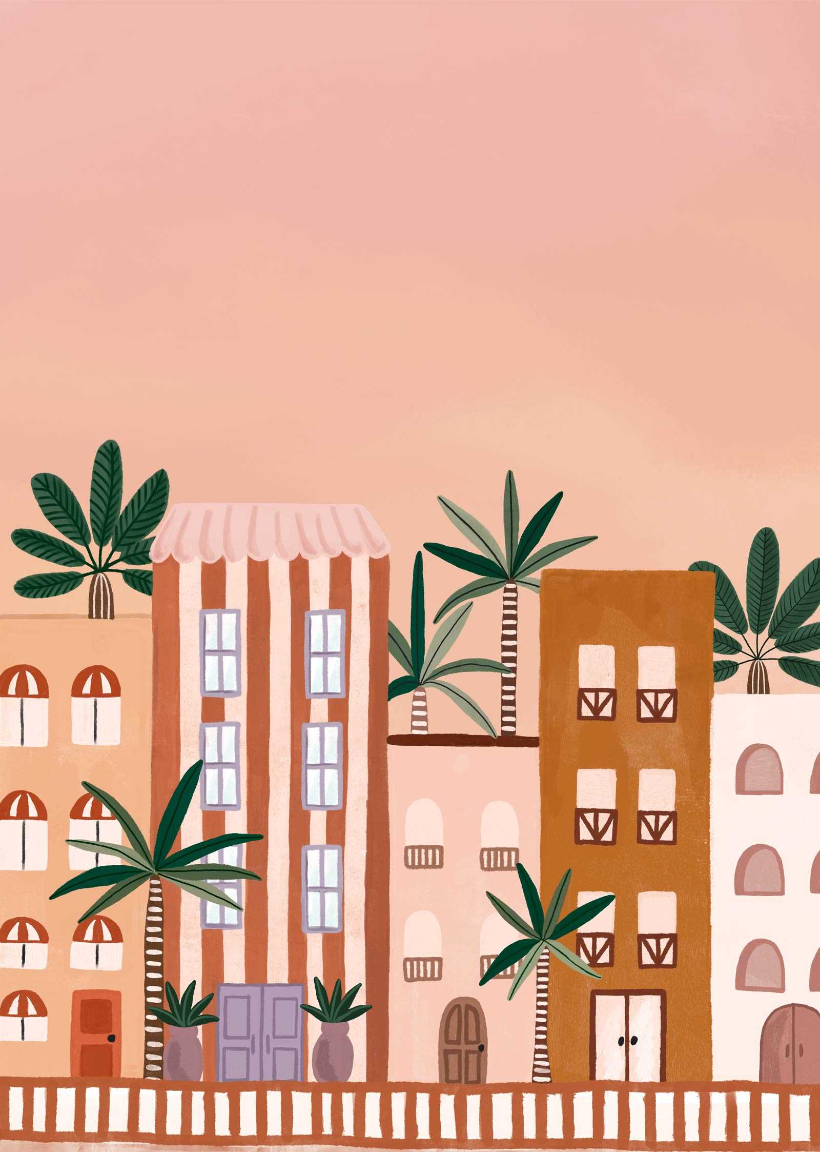 Vibrant Miami art print of colorful sunset cityscape with palm trees on recycled paper