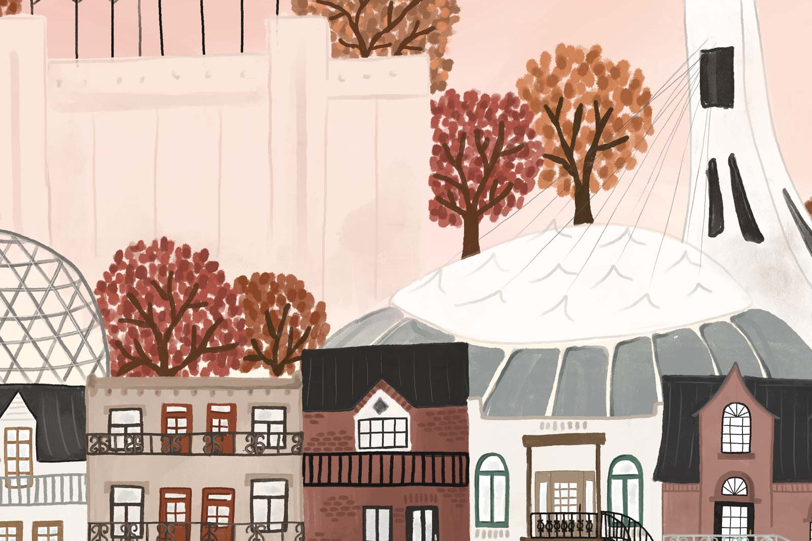 The Montreal Art Print by Mimi & August features iconic buildings, the Farine Five Roses sign, autumn trees, and Olympic Stadium under a pink sky. Beautifully crafted on recycled paper, it celebrates Montréal’s unique architectural heritage.