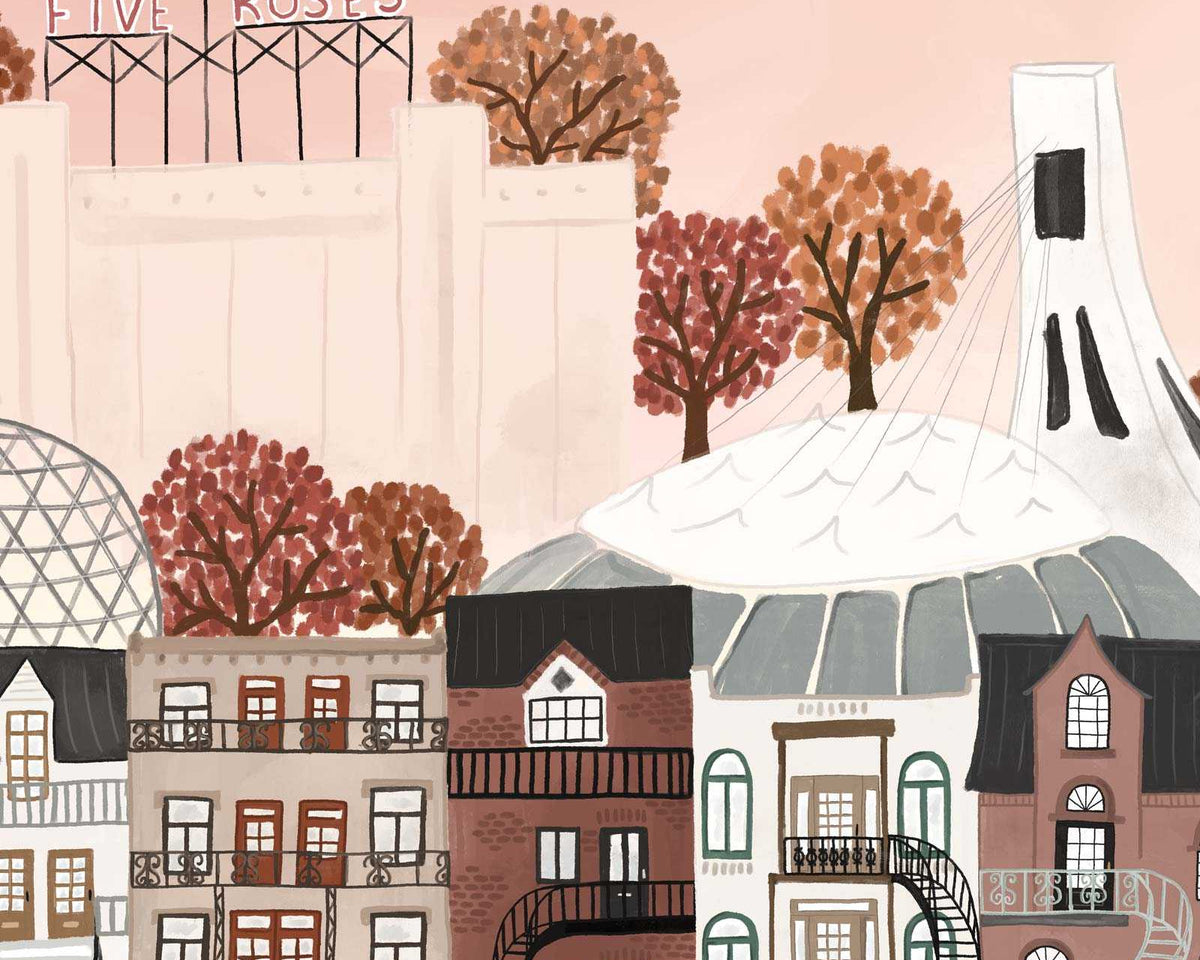 Montreal Art Print featuring Farine Five Roses sign and Olympic Stadium with autumn sky background