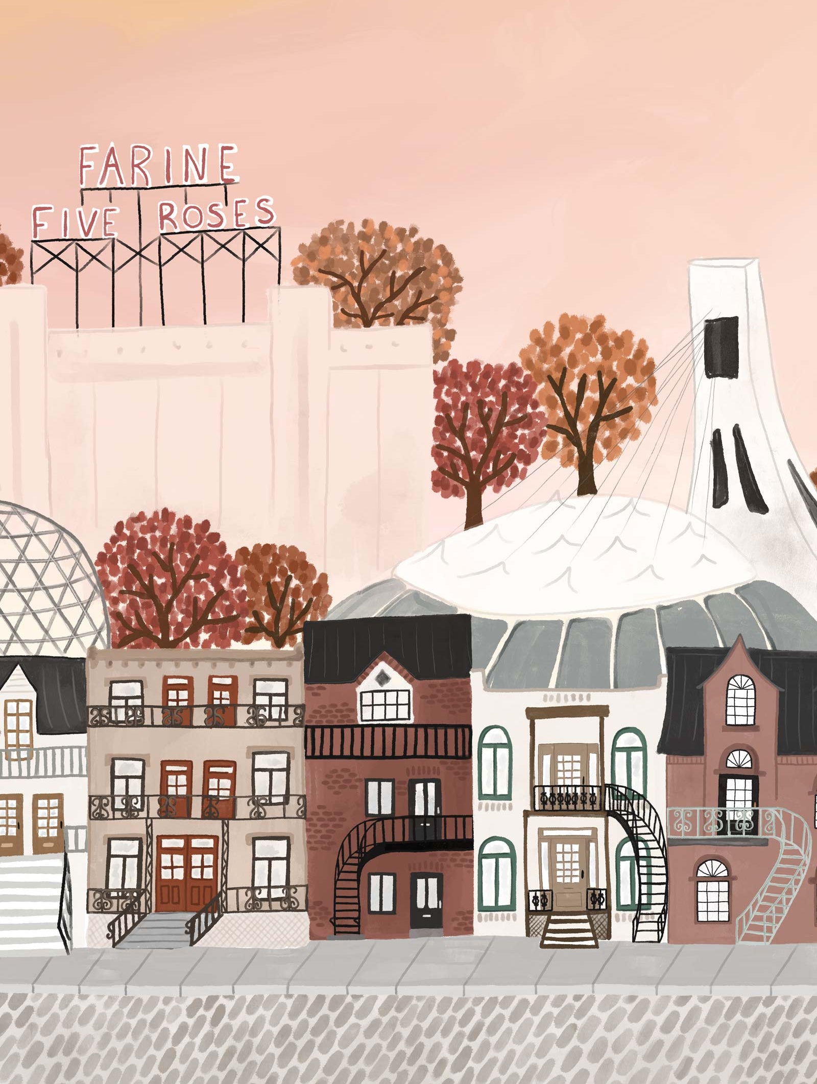 The Montreal Art Print by Mimi & August features iconic buildings, the Farine Five Roses sign, autumn trees, and Olympic Stadium under a pink sky. Beautifully crafted on recycled paper, it celebrates Montréal’s unique architectural heritage.