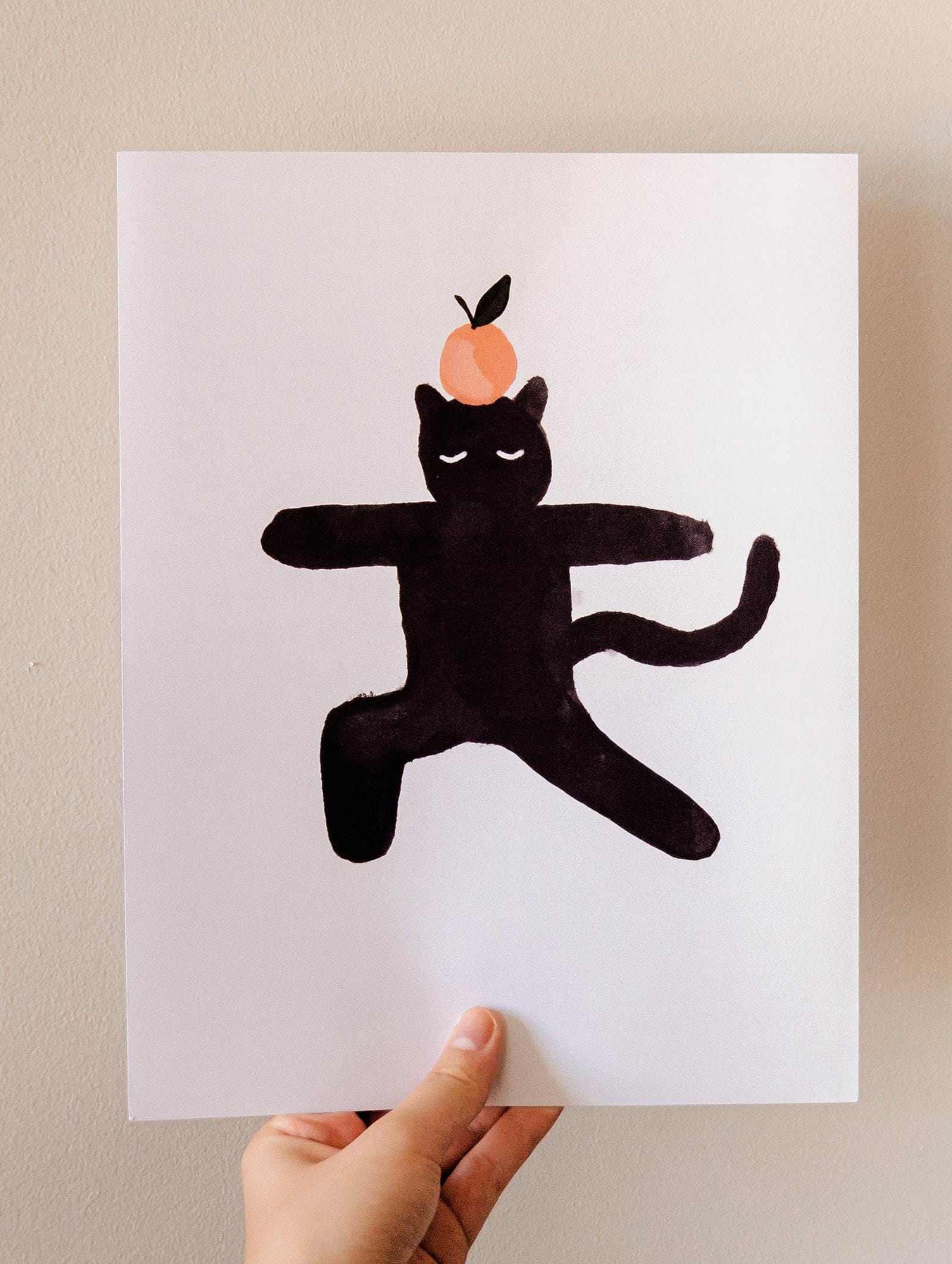 Orange Black Cat Art Print featuring a curious feline with bright orange on head, high-quality full-color recycled paper print.