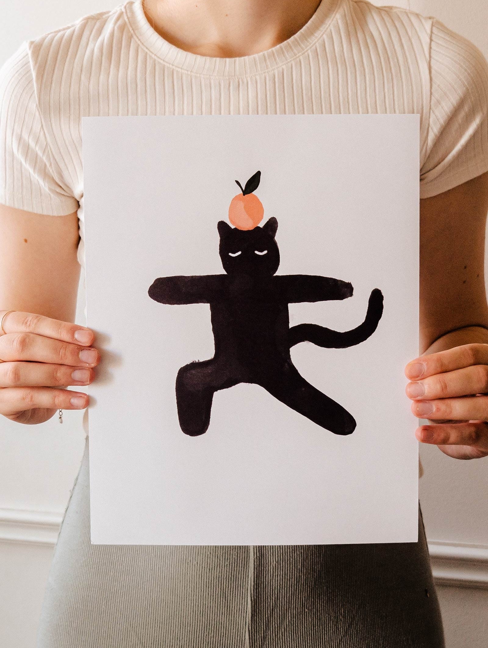 Illustrated art print of a cat-lover with a bright orange on top in the head by Mimi & August