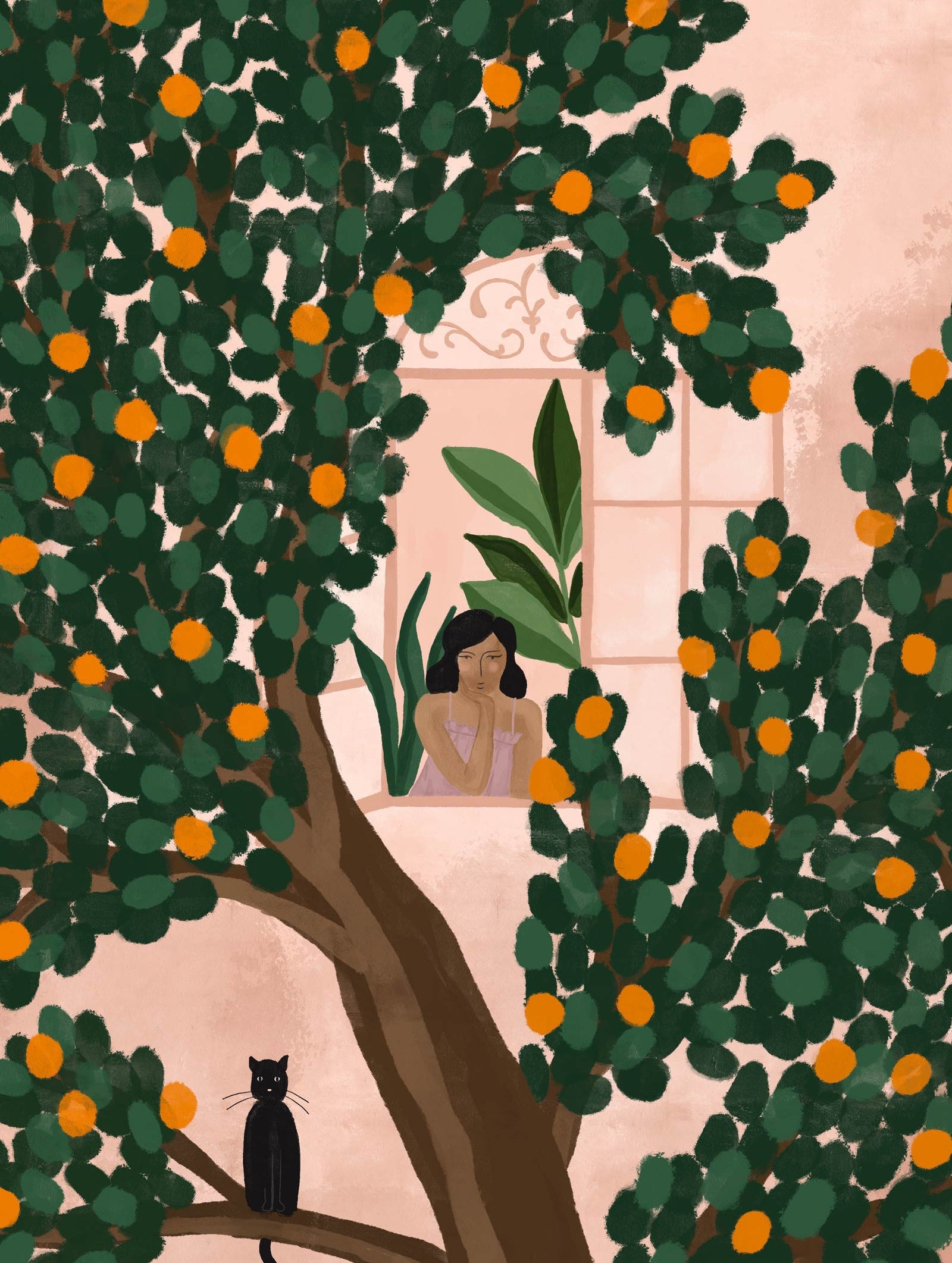 A woman admiring the Mimi & August Orange tree Art Print with oranges and a cat.