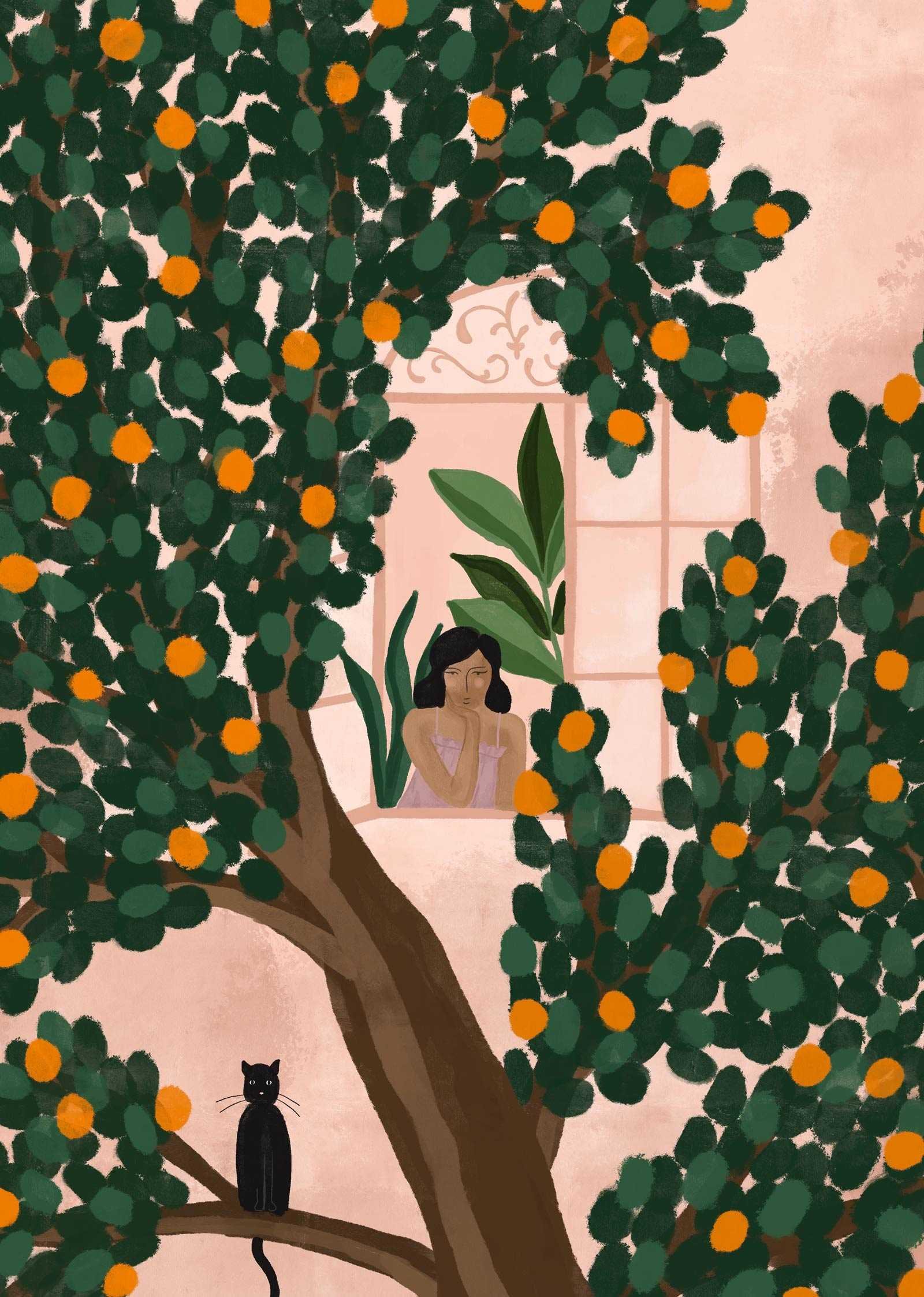Orange Tree Art Print featuring woman and cat by vibrant tree outdoors