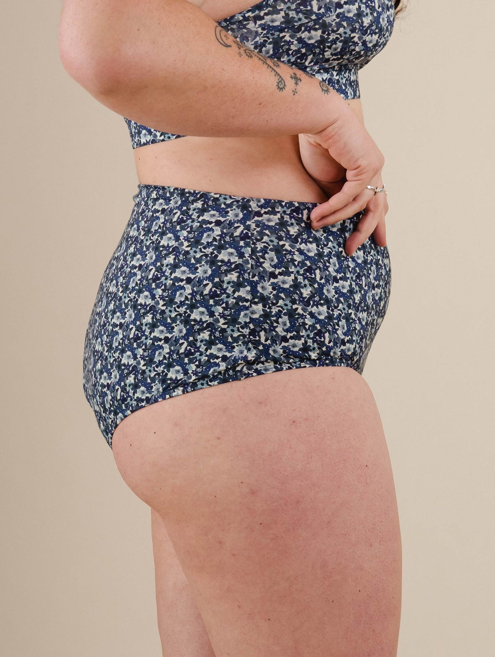 A close up into the Blue Floral High Waist Bikini Bottom.