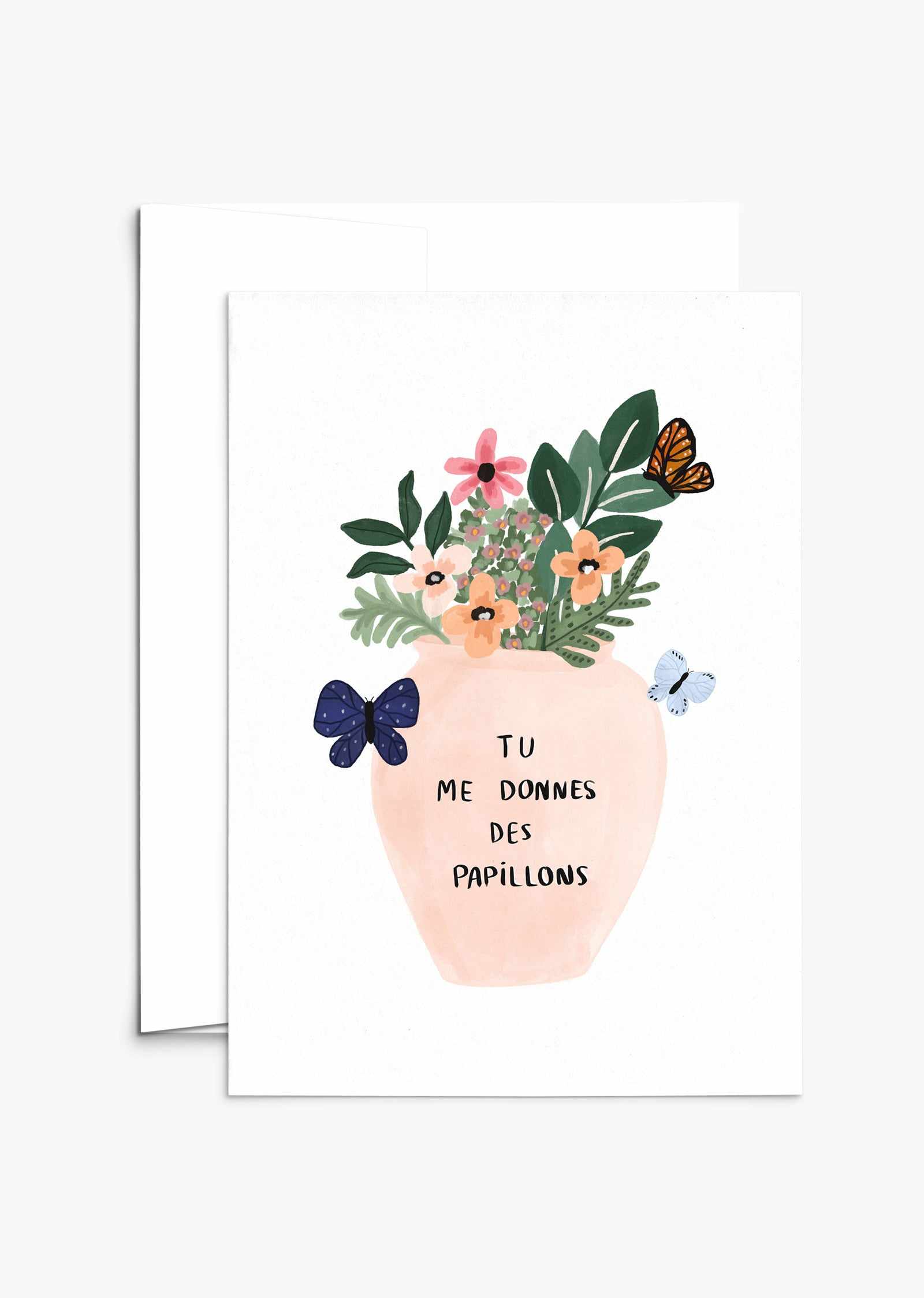 Papillons Greeting Card with flower bowl and butterflies featuring "Tu me donnes des papillons" message on recycled paper