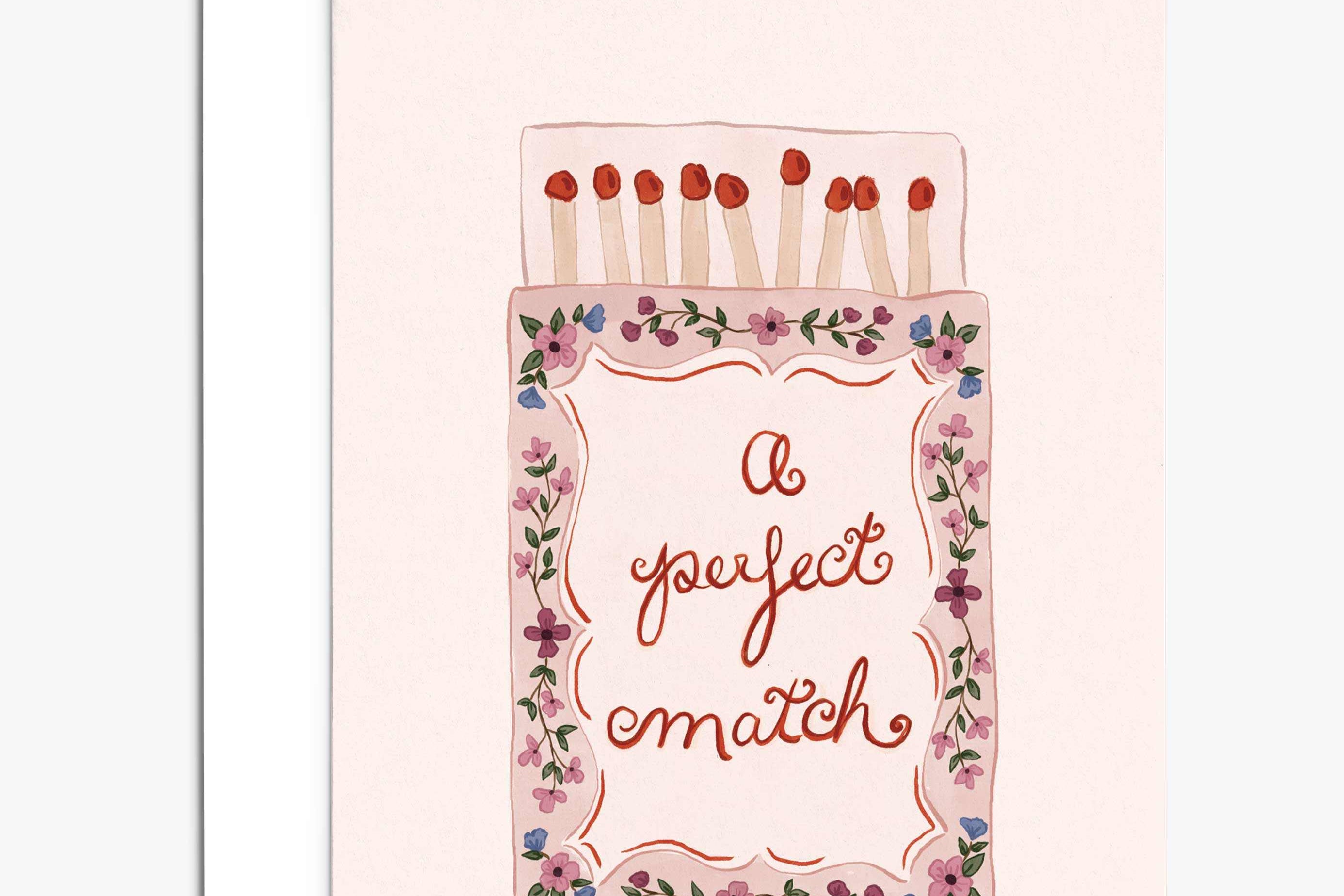 Hand-illustrated Perfect Match Greeting Card with floral matchbox design for Valentine's Day and anniversaries