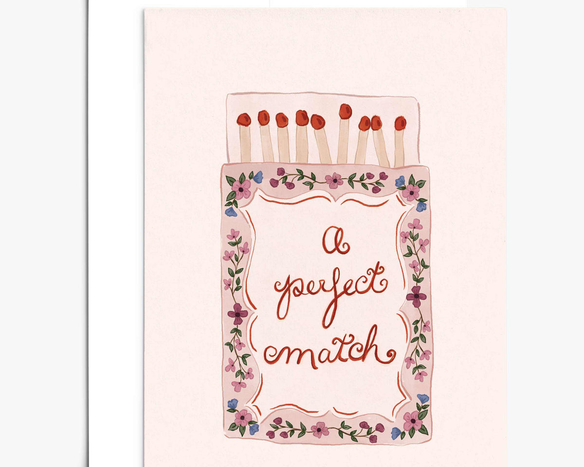 Hand-illustrated Perfect Match Greeting Card with floral matchbox design for Valentine's Day and anniversaries