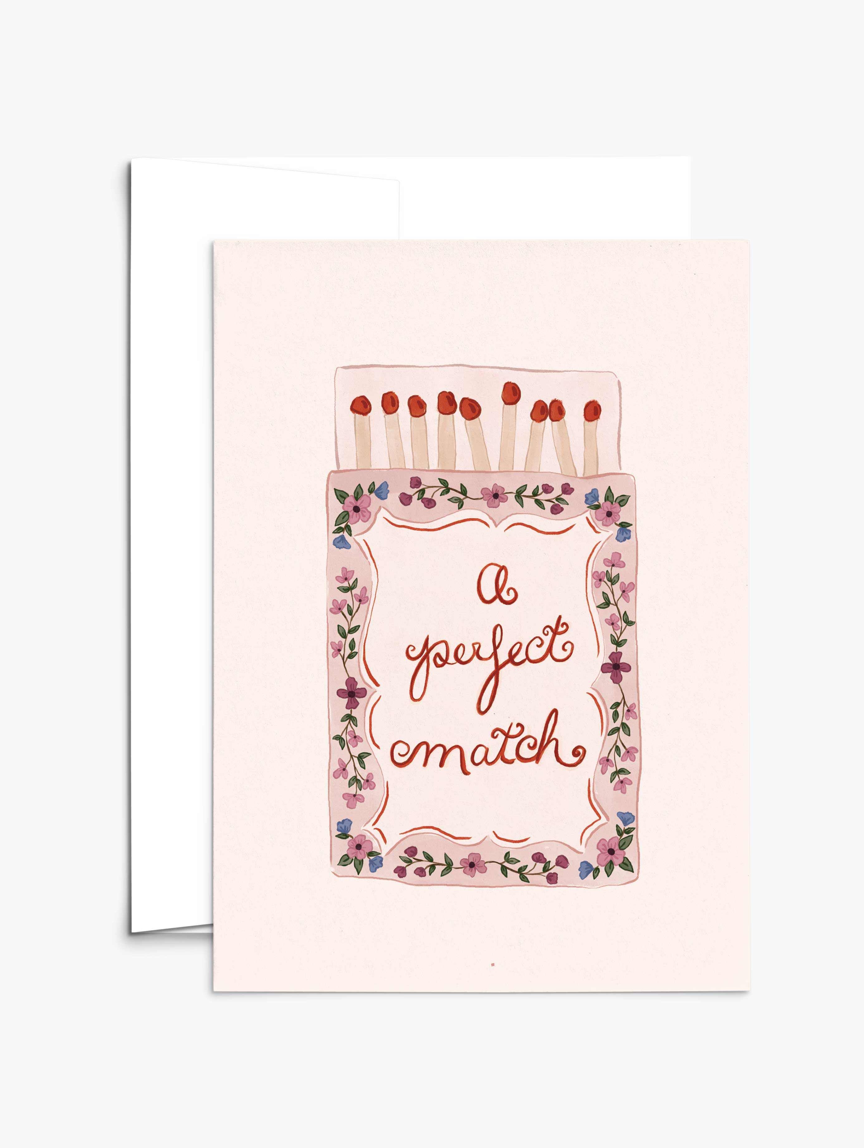 Hand-illustrated Perfect Match Greeting Card with floral matchbox design for Valentine's Day and anniversaries