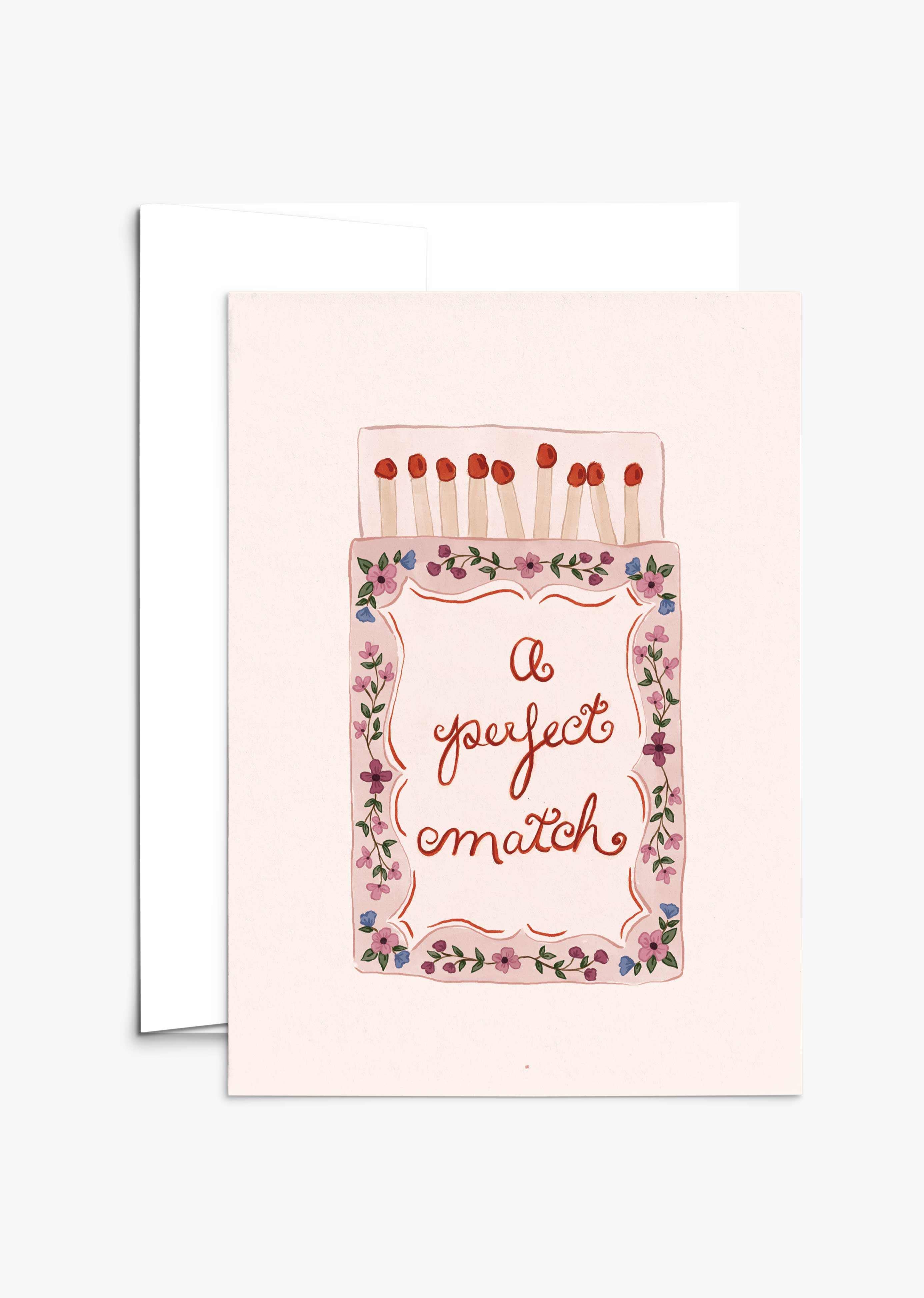 Hand-illustrated Perfect Match Greeting Card with floral matchbox design for Valentine's Day and anniversaries
