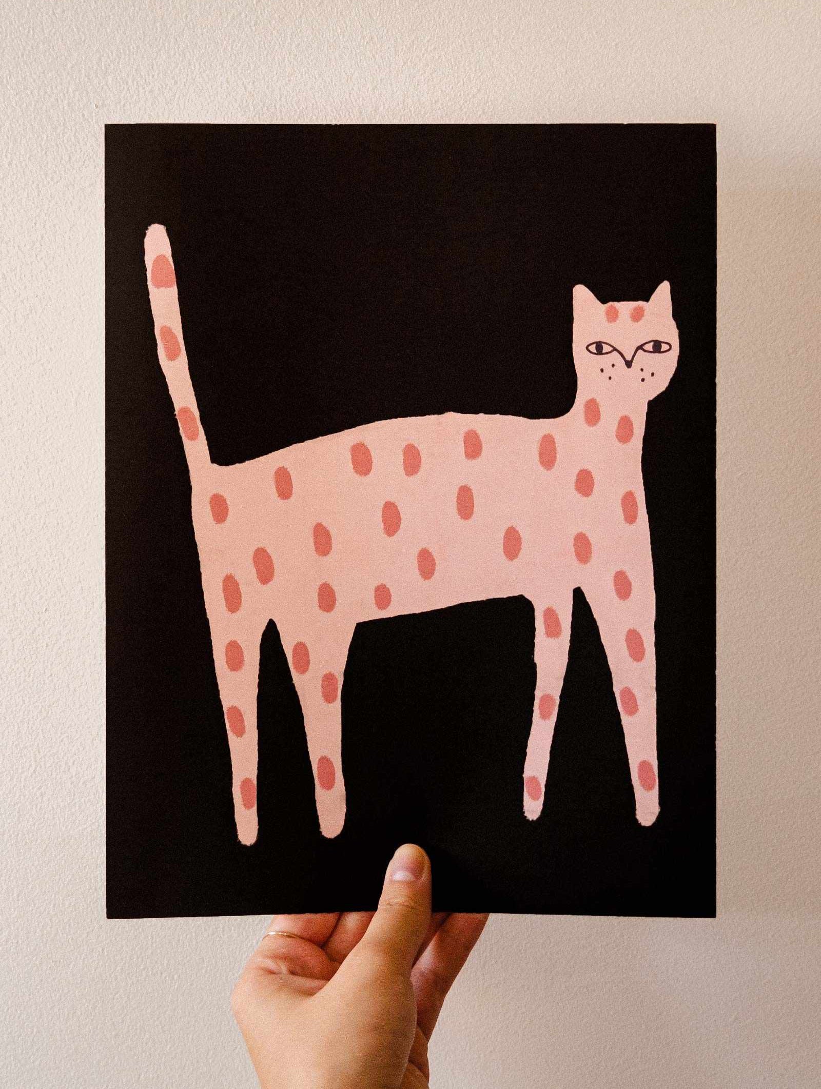 Playful Cat Art Print with pink polka dots on recycled paper