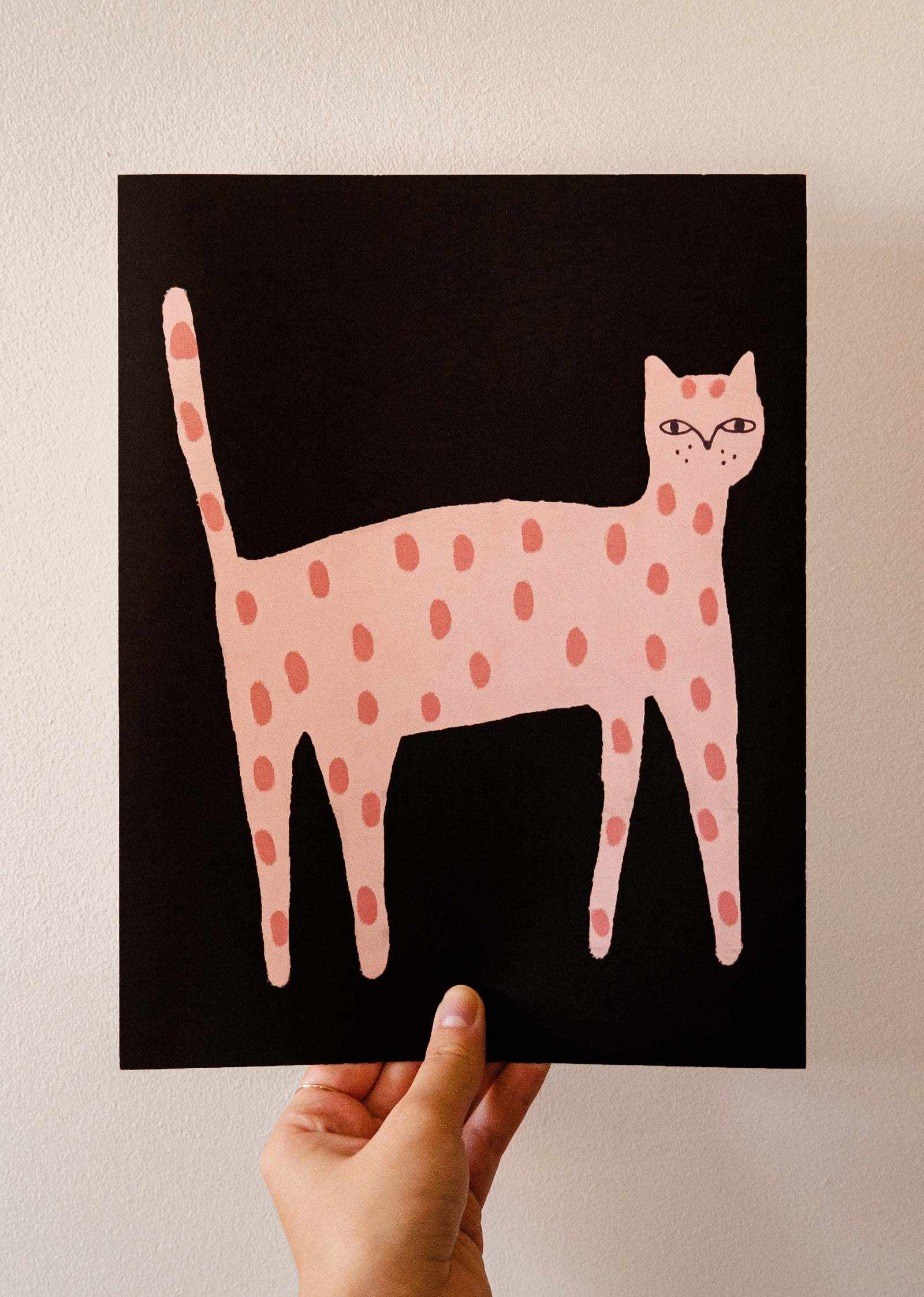 Playful Cat Art Print with pink polka dots on recycled paper