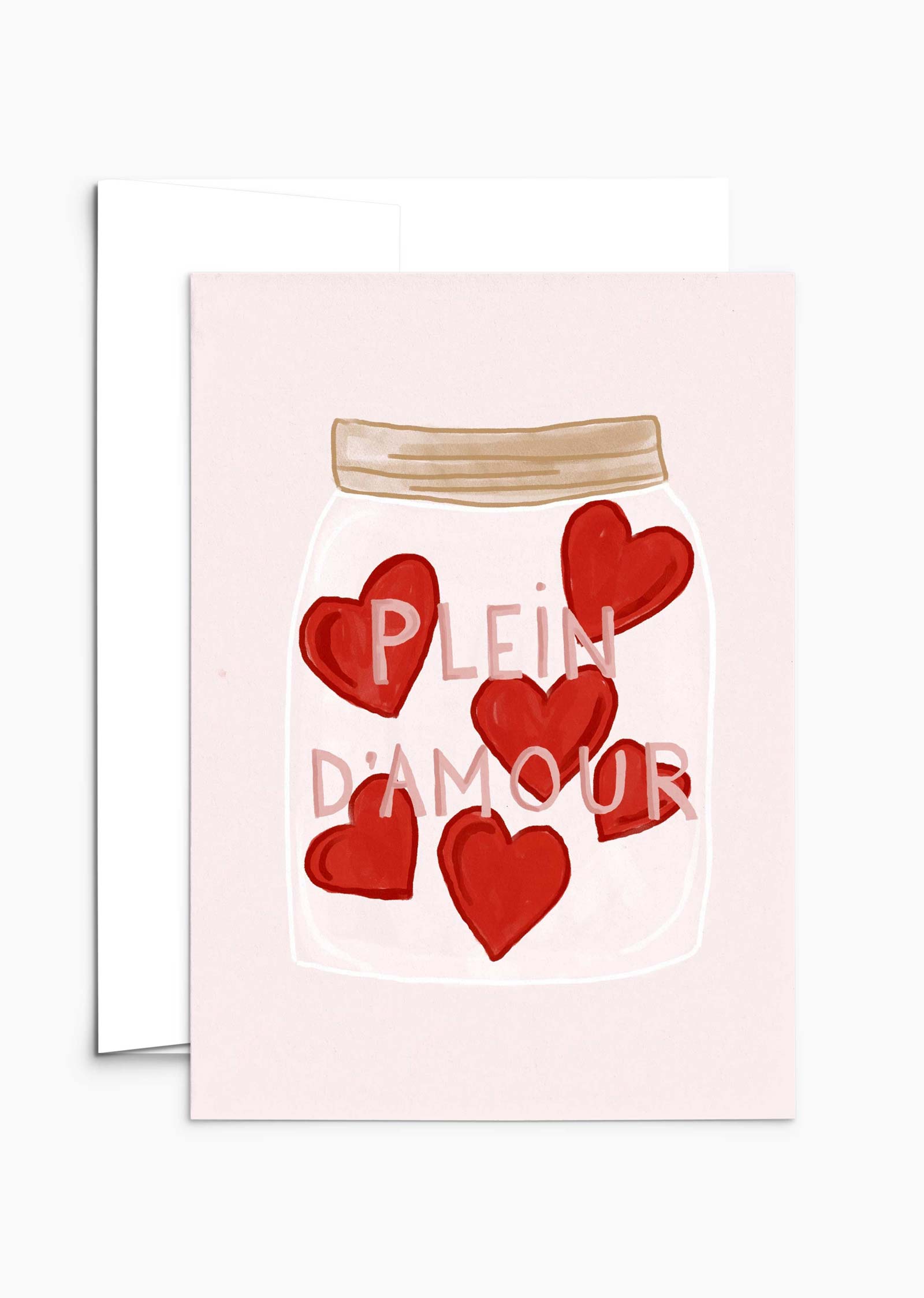 Plein d'amour Greeting Card by Mimi & August: Crafted from matte cardstock, it illustrates a jar filled with red hearts and features the text "Plein d'amour.