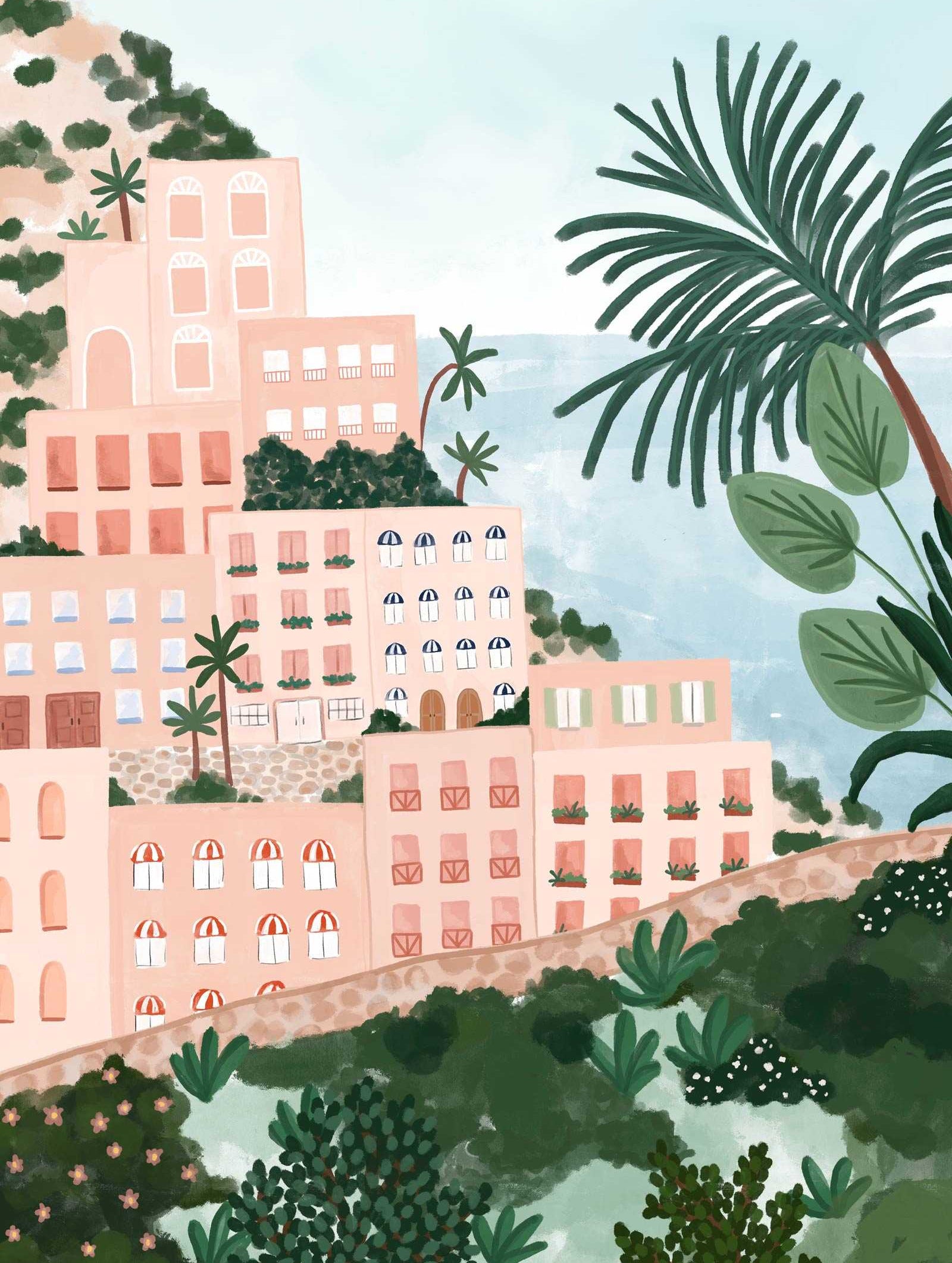Colorful Positano art print featuring Italian coastal buildings and lush vegetation on recycled paper