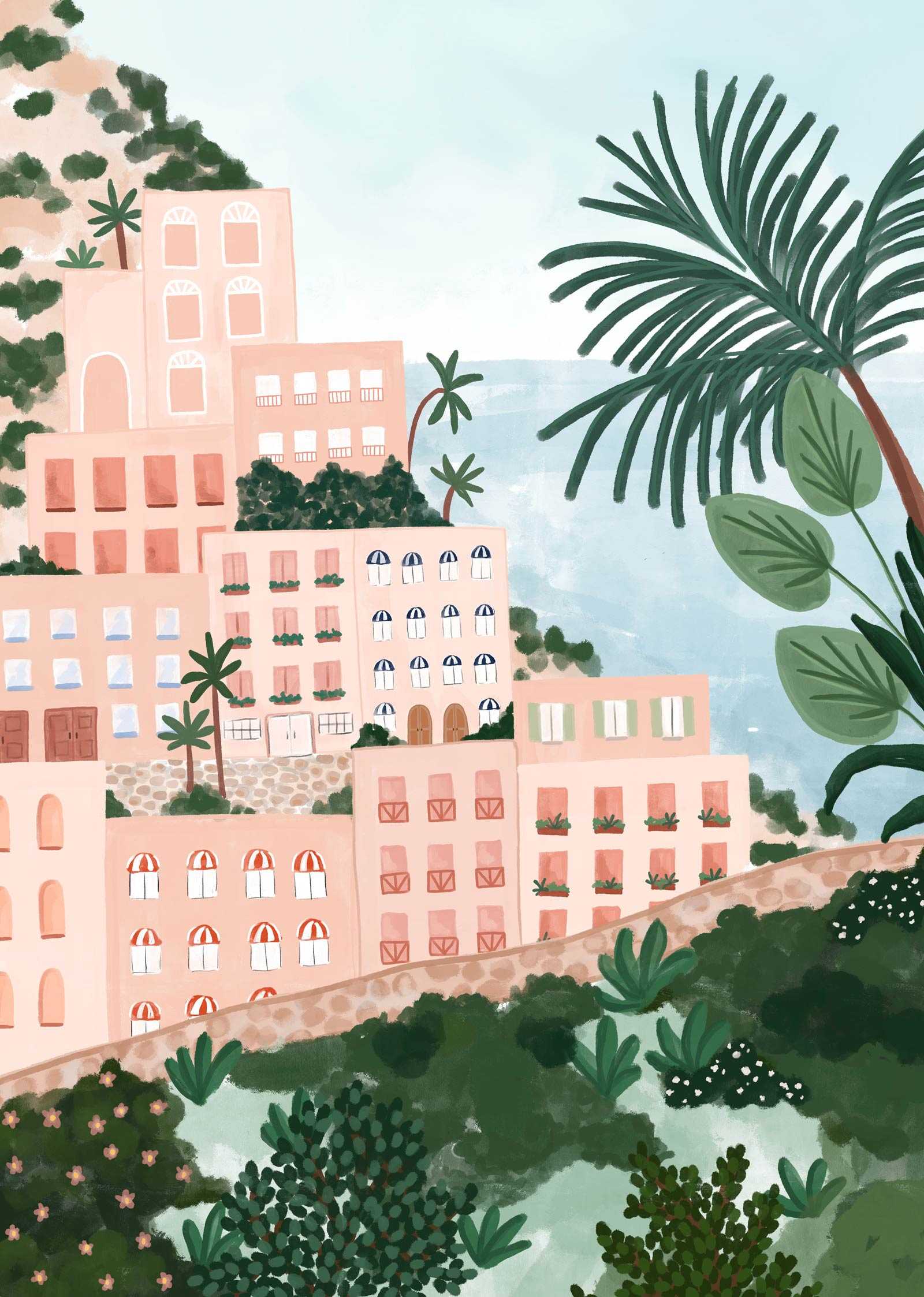 Colorful Positano art print featuring Italian coastal buildings and lush vegetation on recycled paper