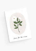 The White Flower Mother's Day Greeting Card from Mimi & August is crafted from recycled paper, featuring a white flower and green leaves illustration with the French greeting "Bonne fête des mères," conveying the delicate charm of pastel blooms.