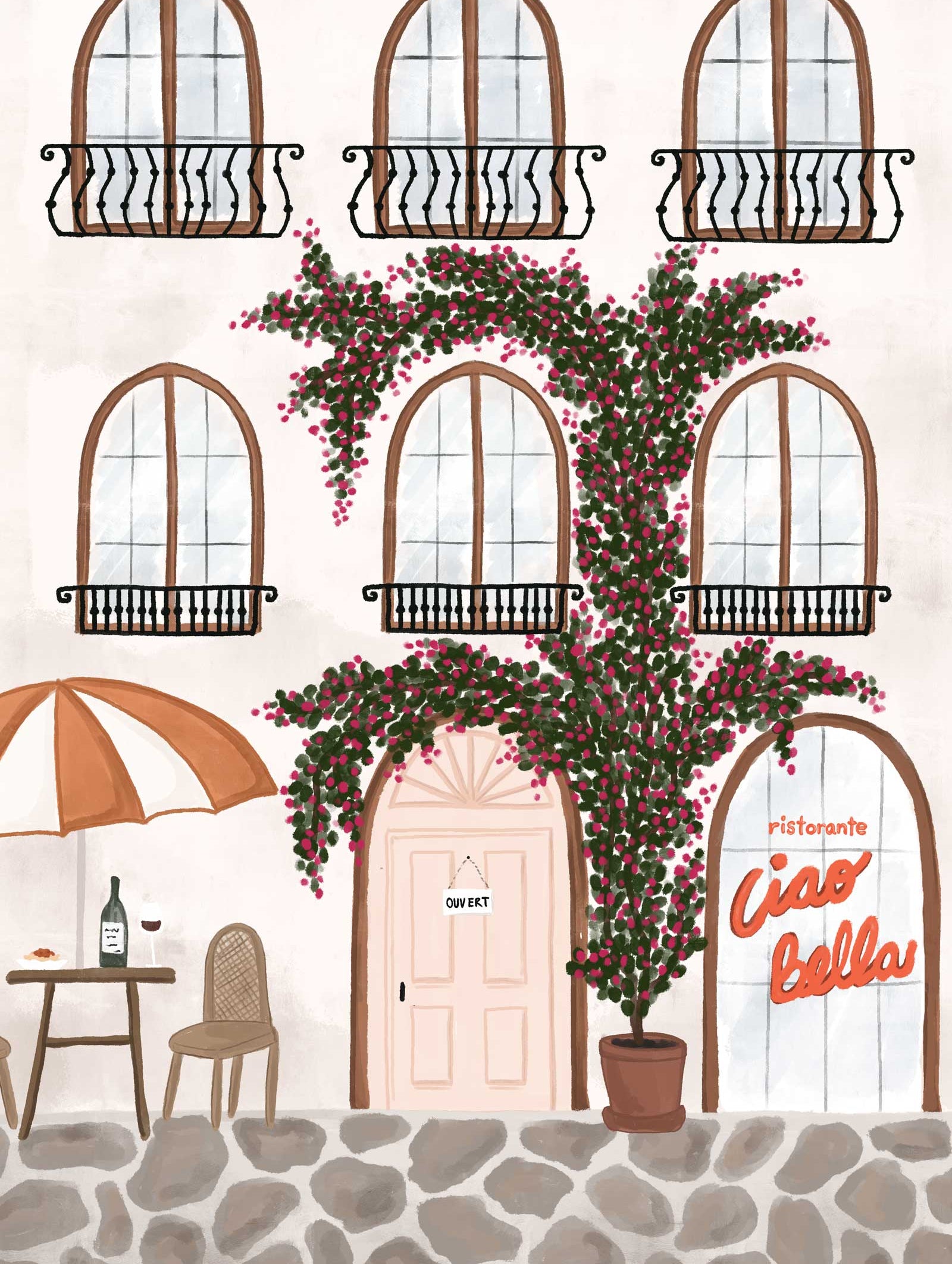 Mimi & August's Ristorante Art Print captures the quaint charm of a European escape with arched windows, a flowering vine, and a cozy table set with wine. The "Ciao Bella" sign warmly invites you in to experience Italian hospitality.