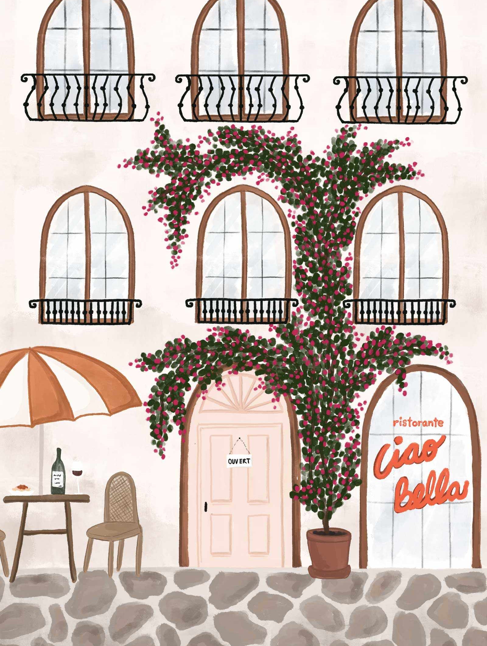 Cozy ristorante art print of a sunlit Italian street with blooming flowers on a restaurant façade