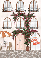 Mimi & August's Ristorante Art Print captures the quaint charm of a European escape with arched windows, a flowering vine, and a cozy table set with wine. The "Ciao Bella" sign warmly invites you in to experience Italian hospitality.