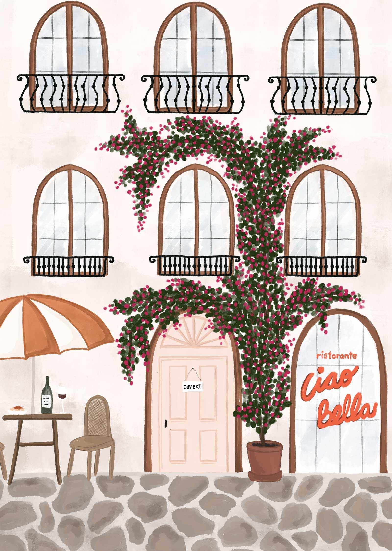 Cozy ristorante art print of a sunlit Italian street with blooming flowers on a restaurant façade