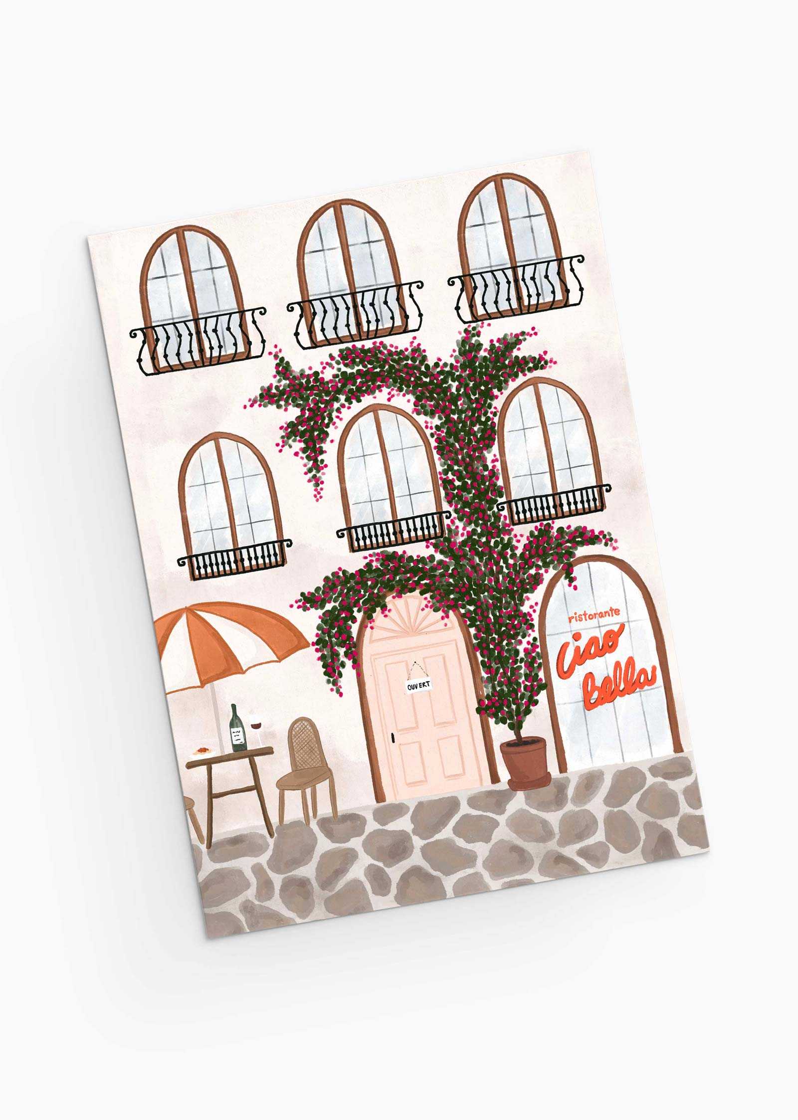 Capture a charming Italian cafe scene with a pink door, large windows, and blooming vines on the Ristorante Greeting Card by Mimi & August. Featuring an outdoor table under an umbrella by the "Ciao Bella" sign, it's perfect for greeting cards or restaurant themes. Printed on recycled paper for eco-friendliness.