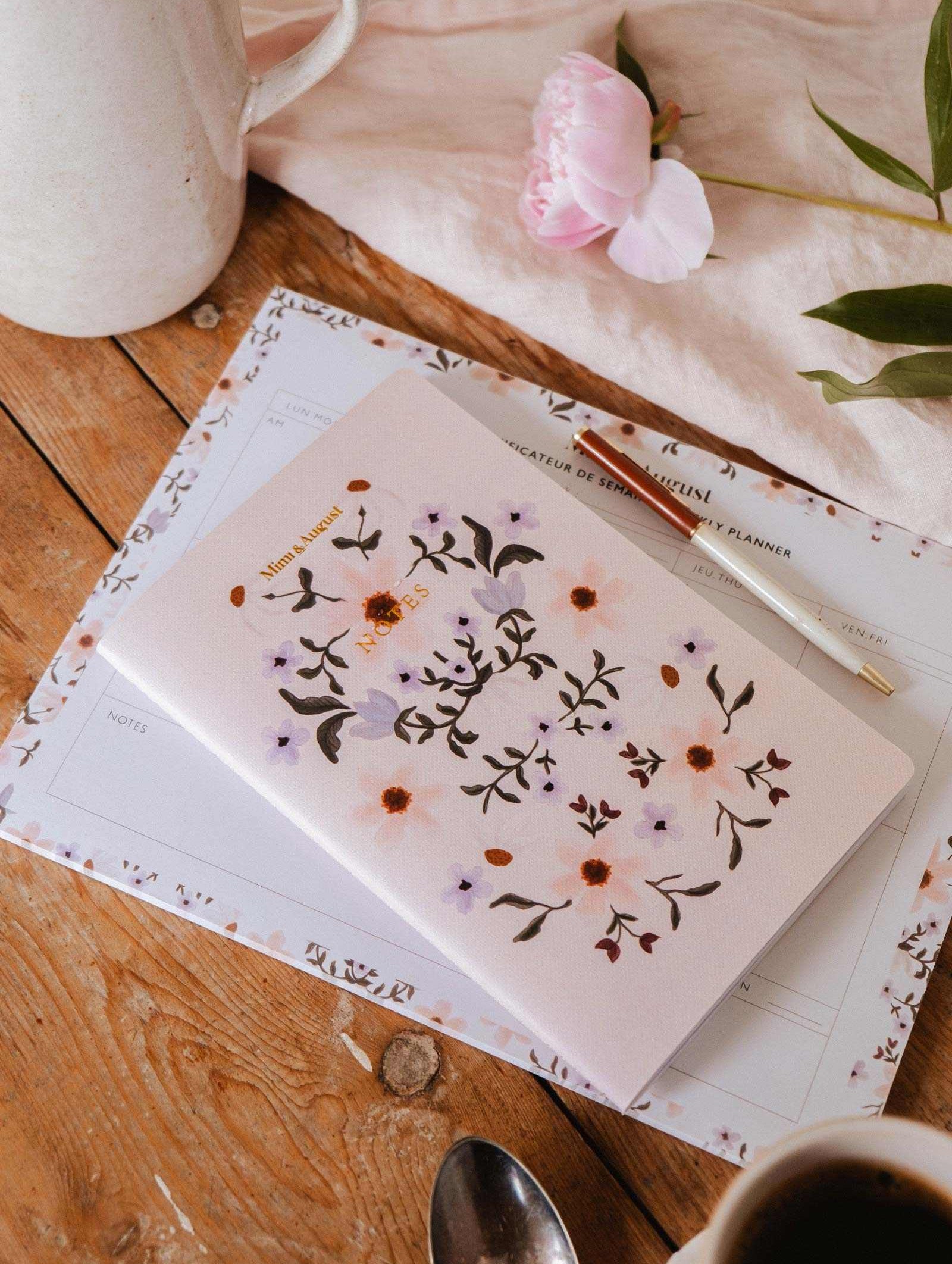 Rosie Notebook with soft floral cover and 100 lined pages for journaling and note-taking
