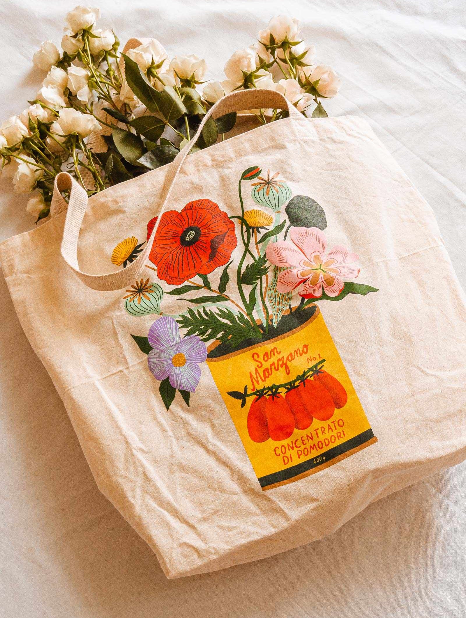 Natural tote bag with San Marzano tomato illustration by Bodil Jane, eco-friendly and sturdy for groceries or beach use