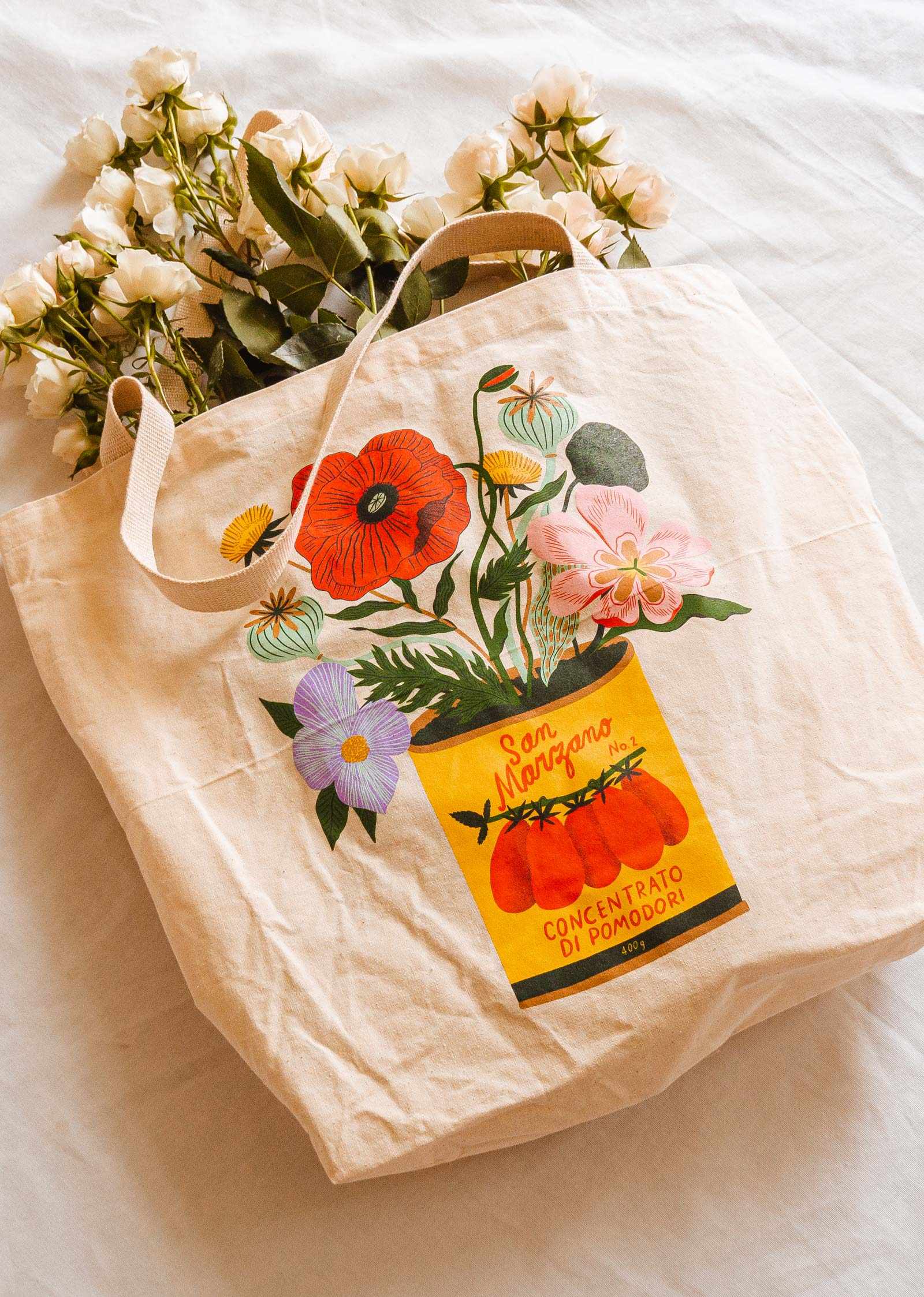 Natural tote bag with San Marzano tomato illustration by Bodil Jane, eco-friendly and sturdy for groceries or beach use