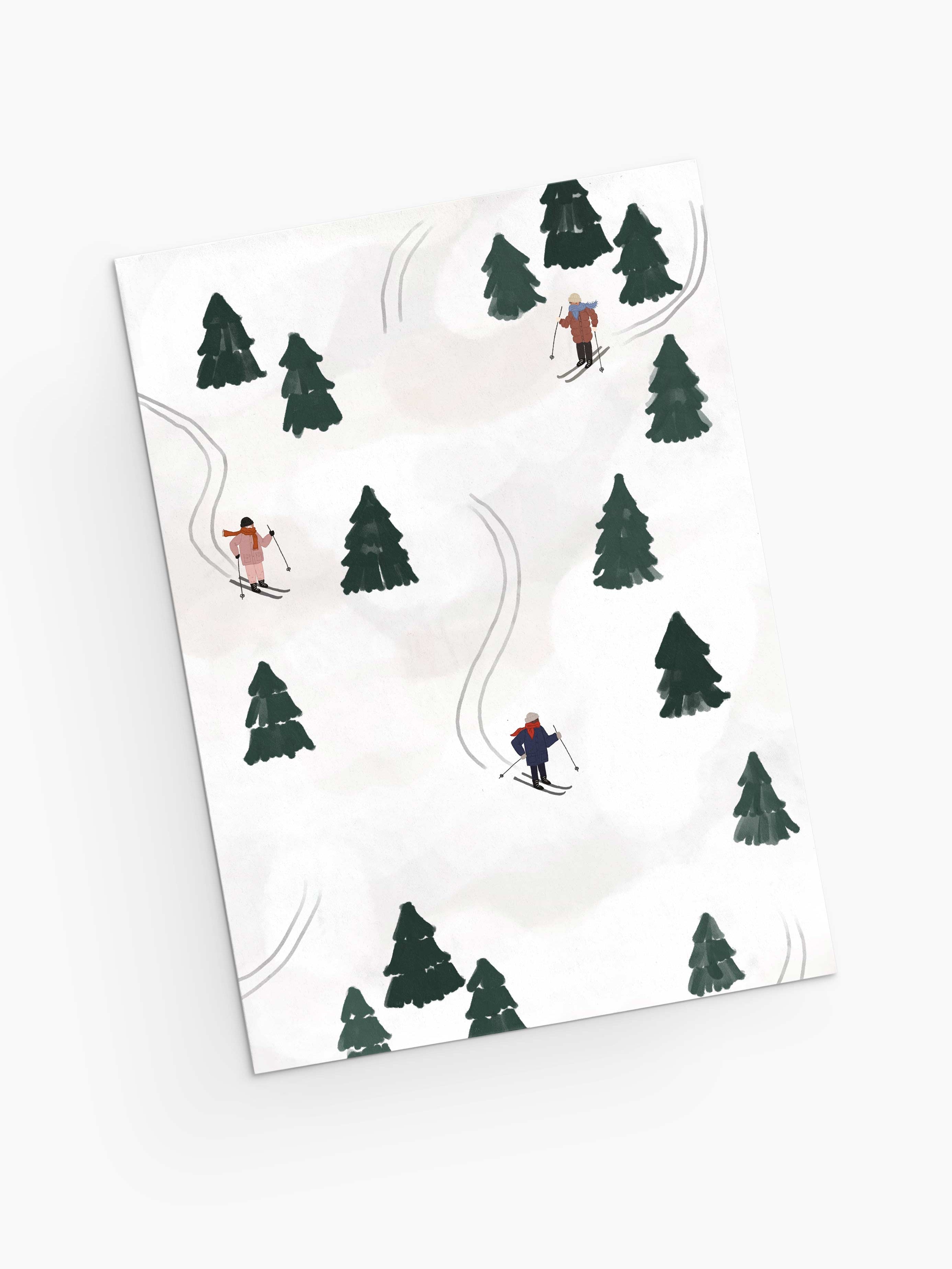 An illustration featuring skiers gliding on a snow-covered slope amidst scattered pine trees, ideal for designing the "Sliding into the Festivities - Christmas Greeting Card" by Mimi & August.