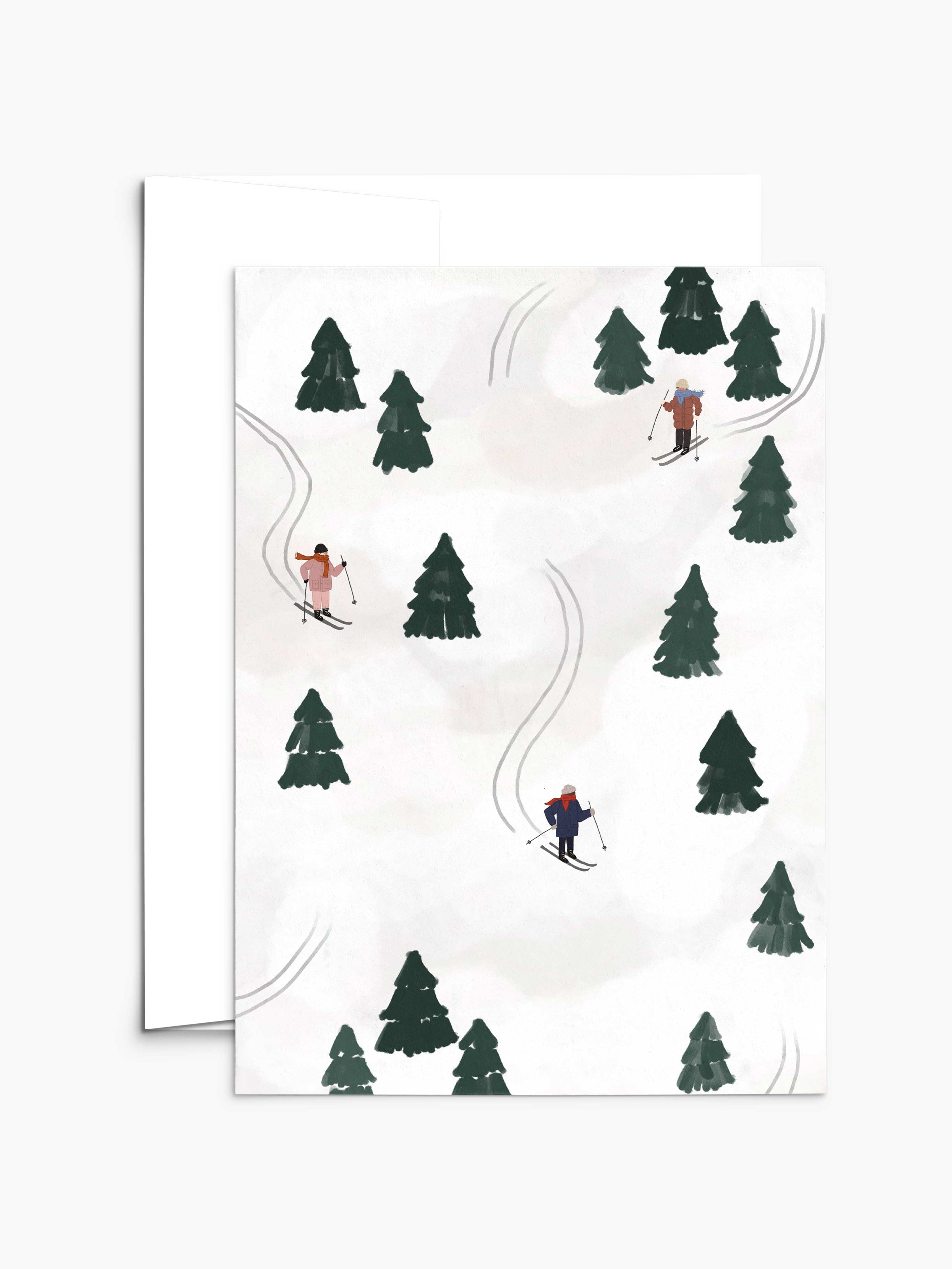 Featuring an illustration of skiers gliding down snowy slopes with green pine trees dotting the landscape, the 'Sliding into the Festivities' Christmas Greeting Card by Mimi & August is perfect for spreading holiday cheer. Enhance your festive greetings by choosing recycled paper and compostable packaging for an eco-friendly touch.