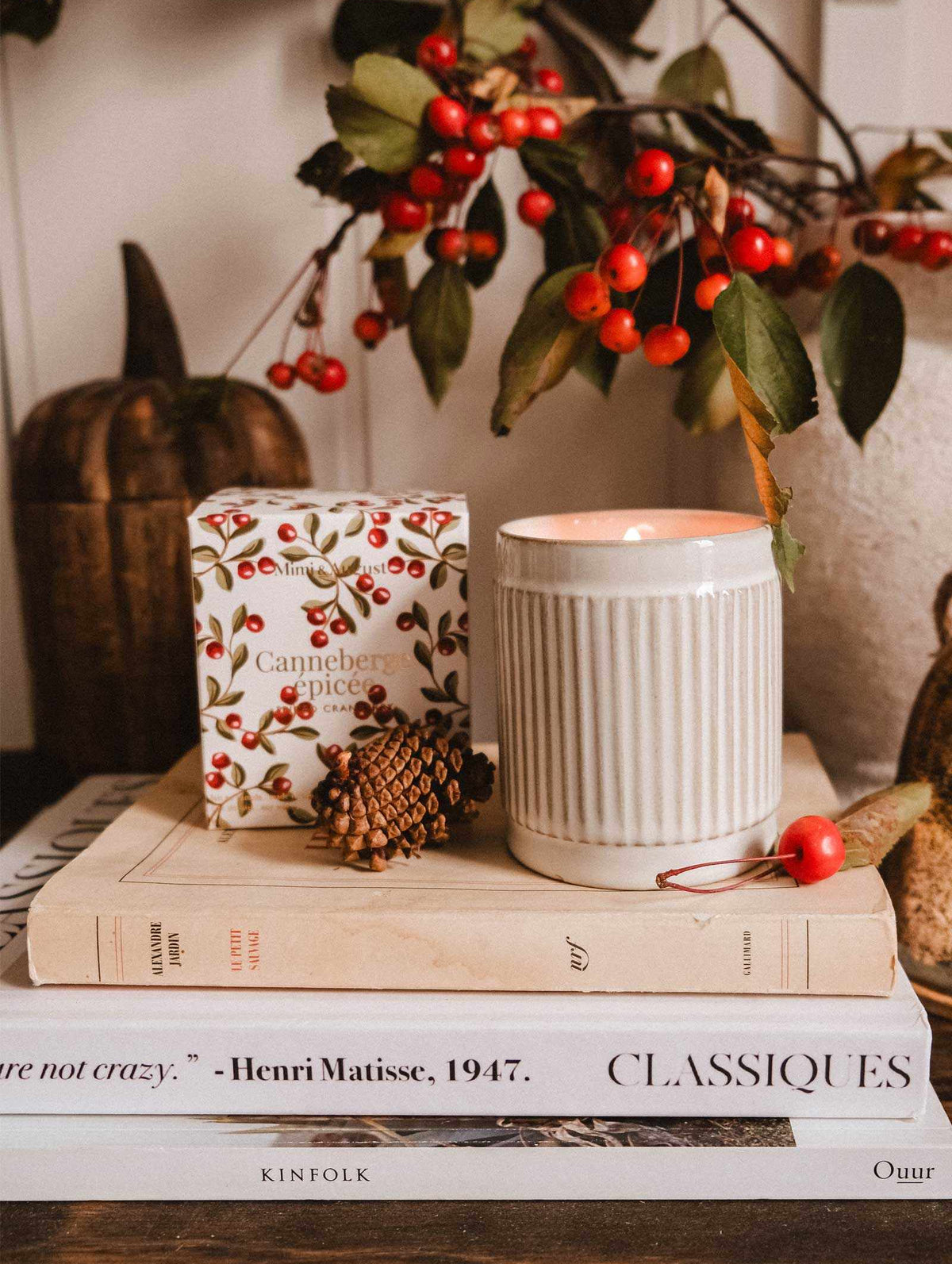 Spiced Cranberry Christmas Candle in ceramic container with warm cinnamon and fir scent