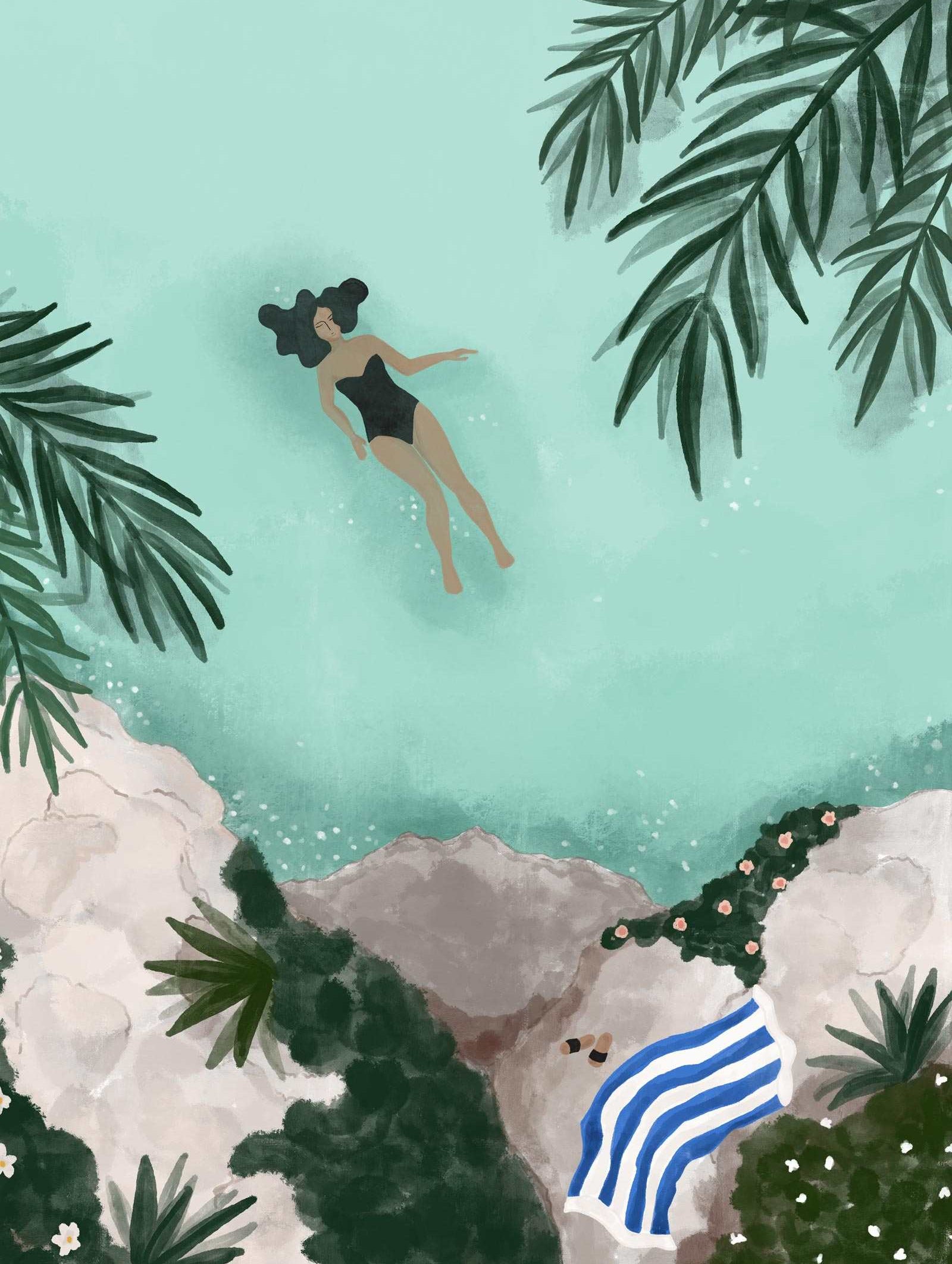 Swimming Art Print of woman swimming in tranquil water oasis with lush plants and rocks