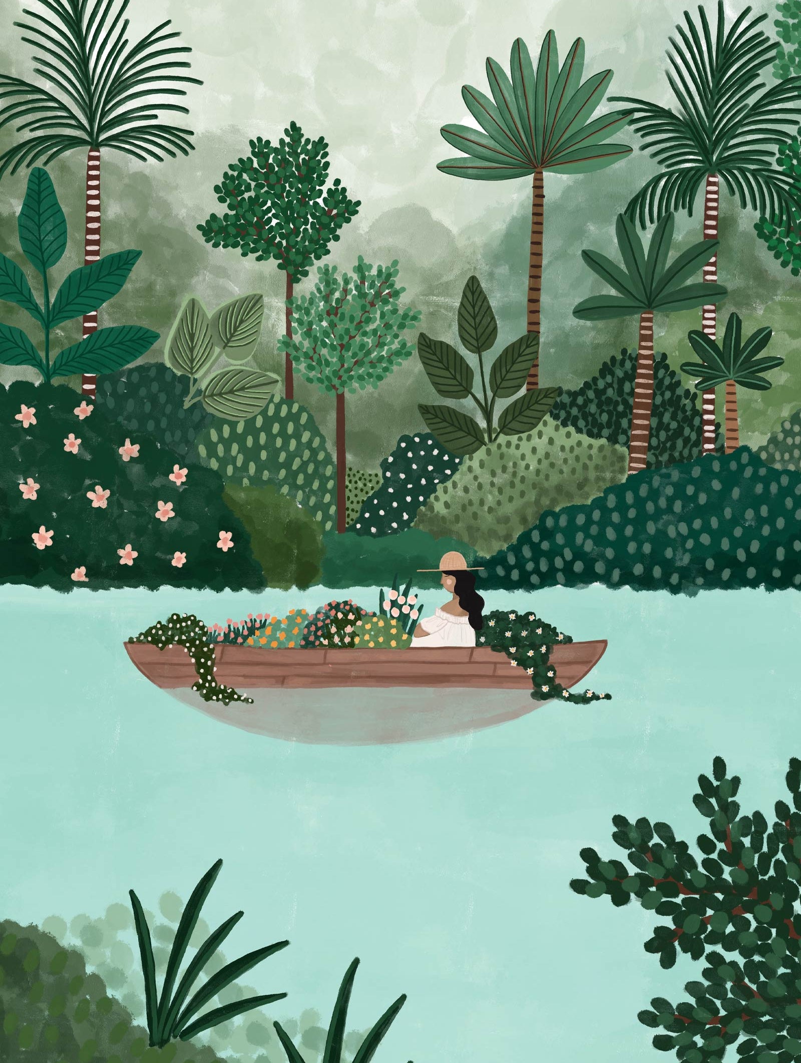 A woman in a boat surrounded by natural tranquility, adorned with flowers, creating a scenic journey captured beautifully on The Lake Art Print by Mimi & August.