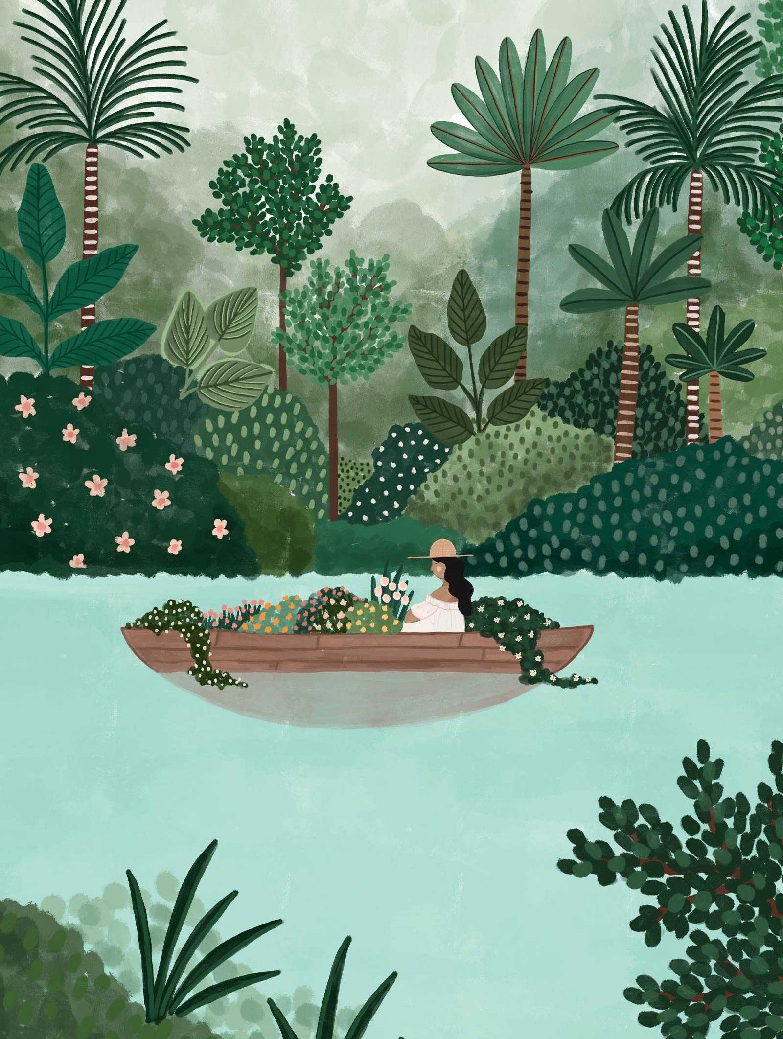 The Lake art print depicting a woman in a boat on clear water surrounded by lush trees
