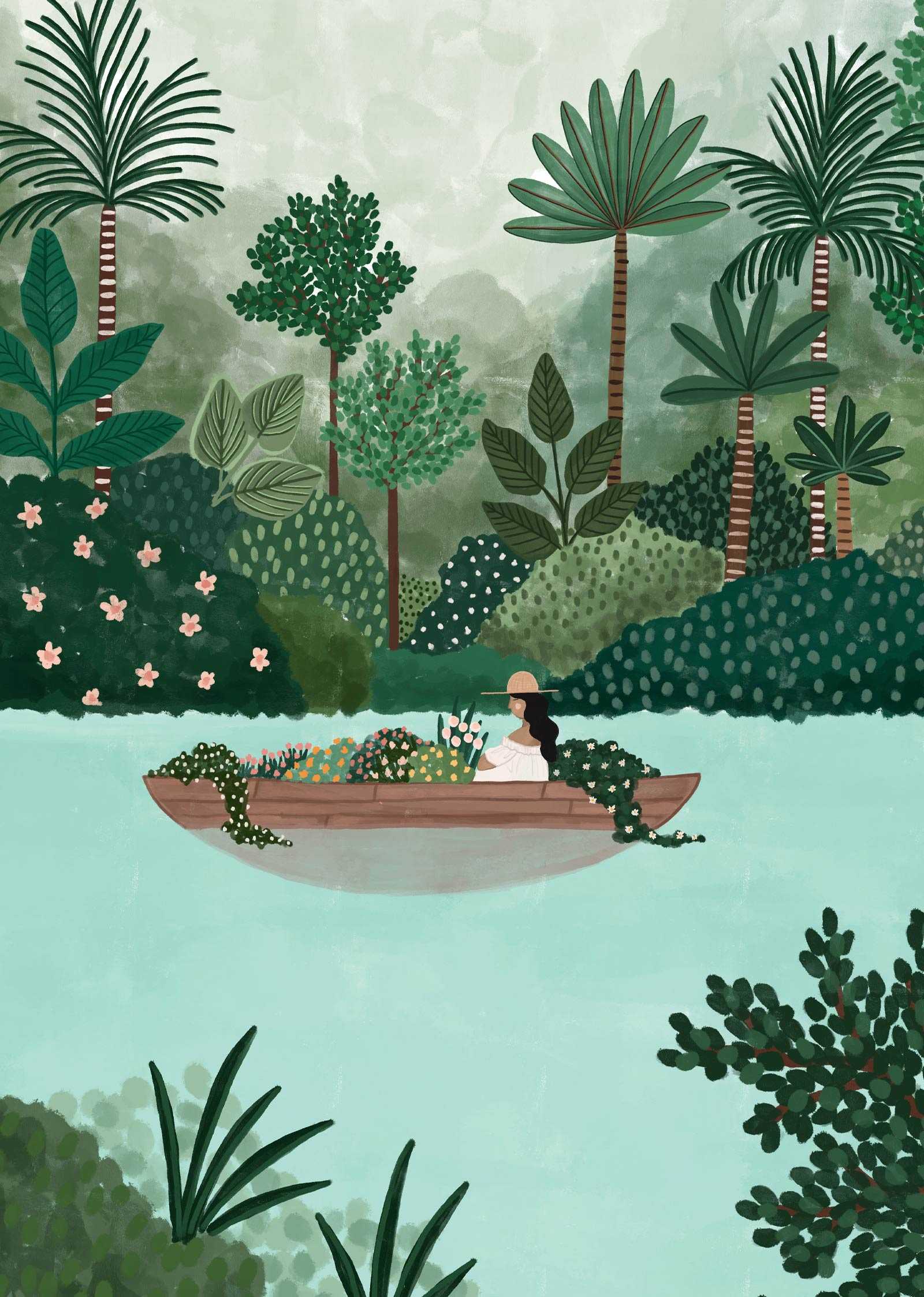 The Lake art print depicting a woman in a boat on clear water surrounded by lush trees