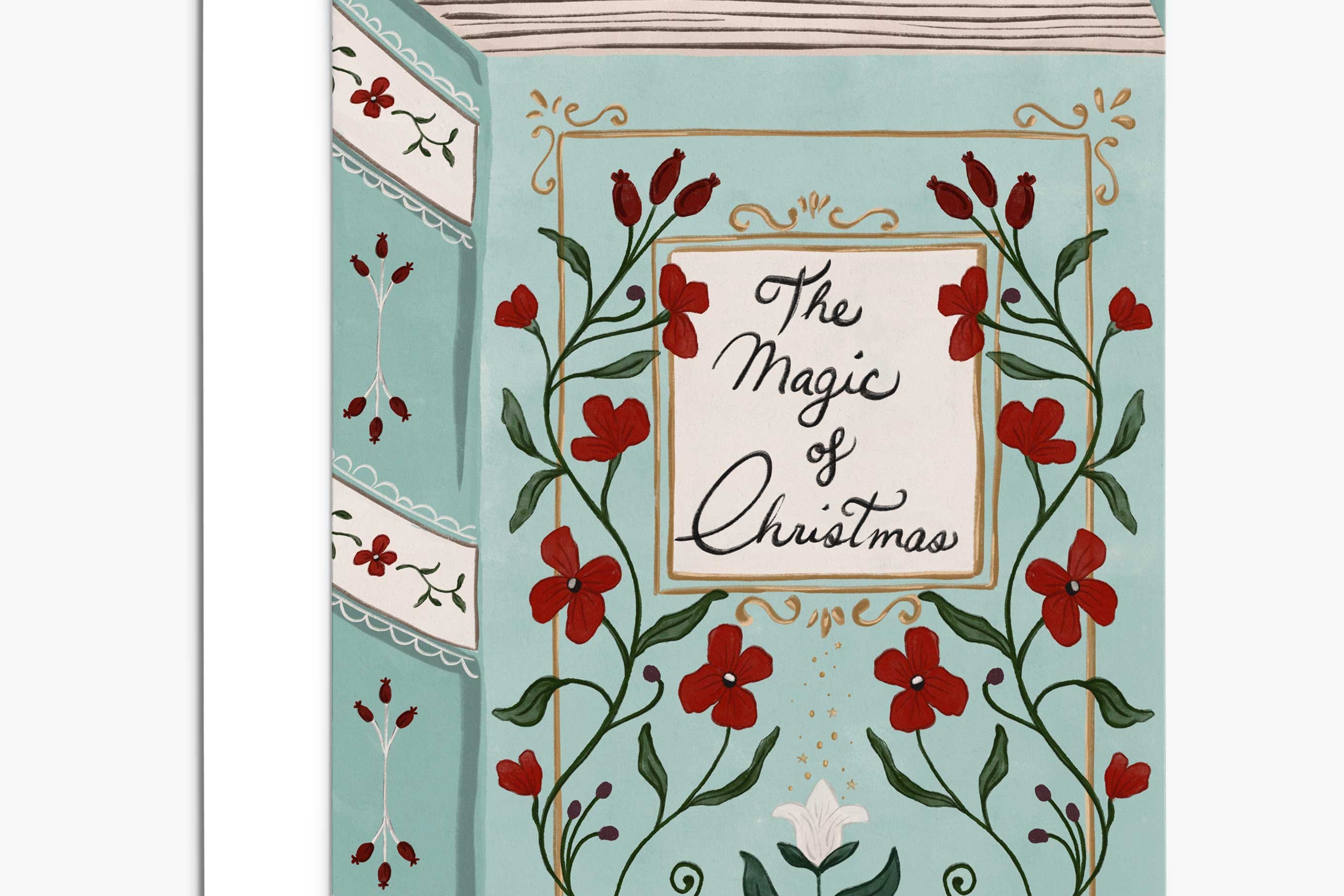 The Magic of Christmas Greeting Card by Mimi & August features floral designs and the text "The Magic of Christmas" on a light blue cover. Includes a matching envelope. The card is blank inside for your personal message.