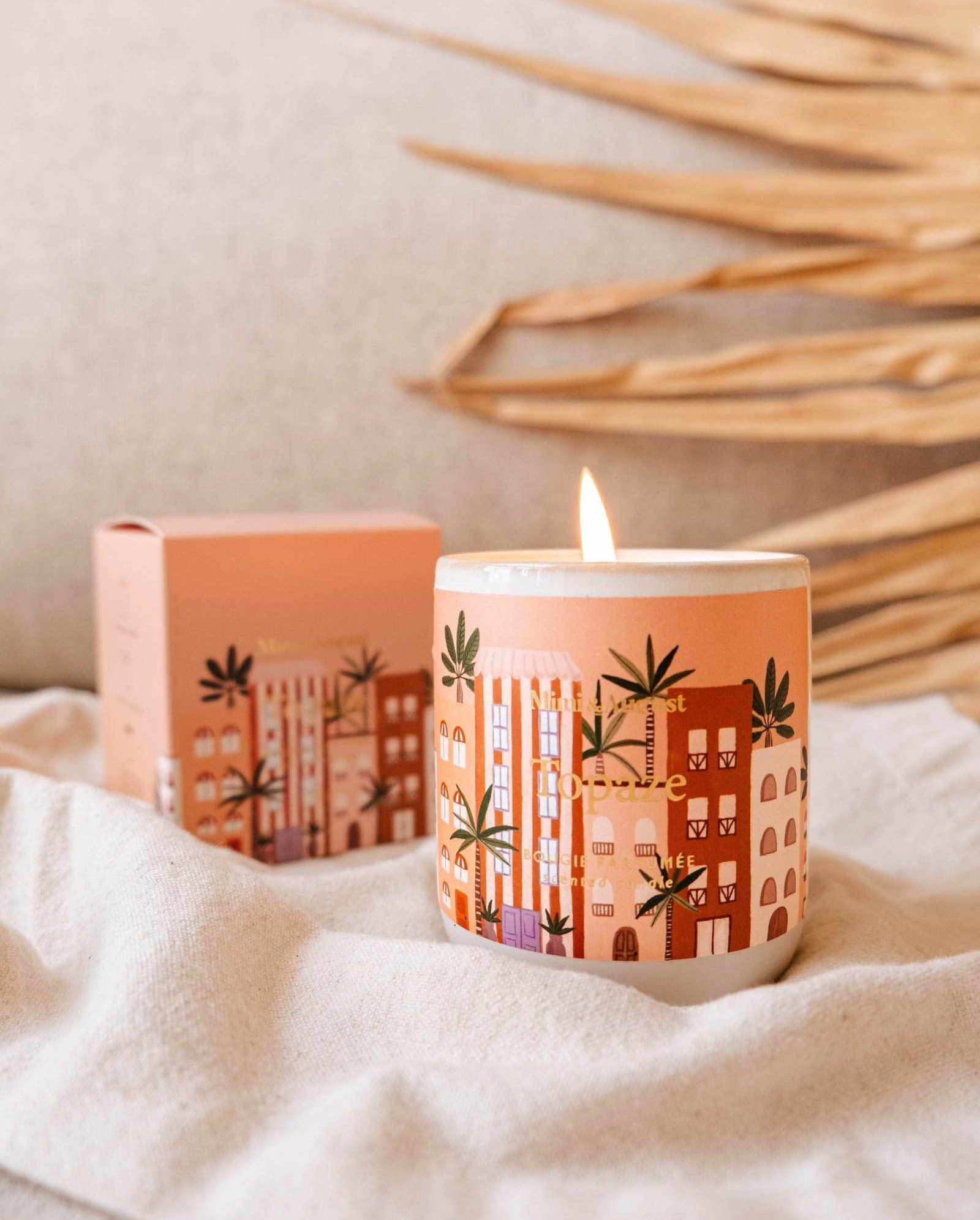 Topaze reusable candle with sandalwood, coco, and vanilla scent in ceramic container