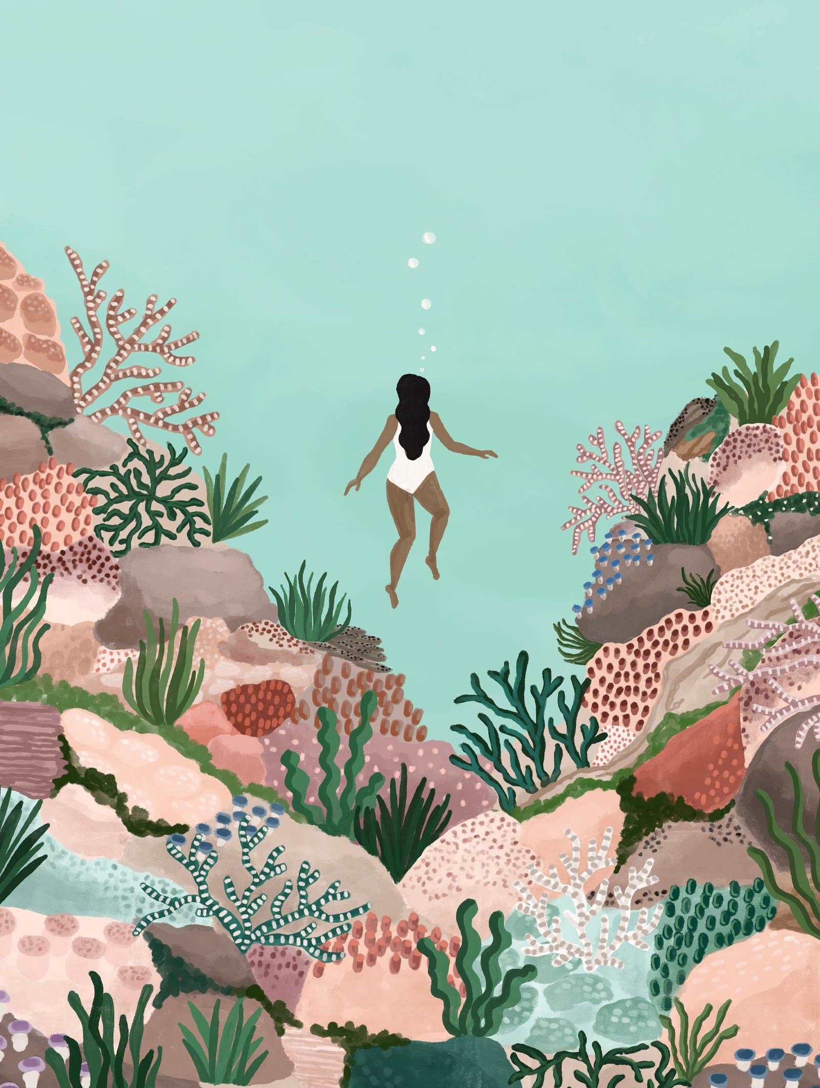 Under the Sea art print featuring a woman exploring a vibrant coral reef underwater scene