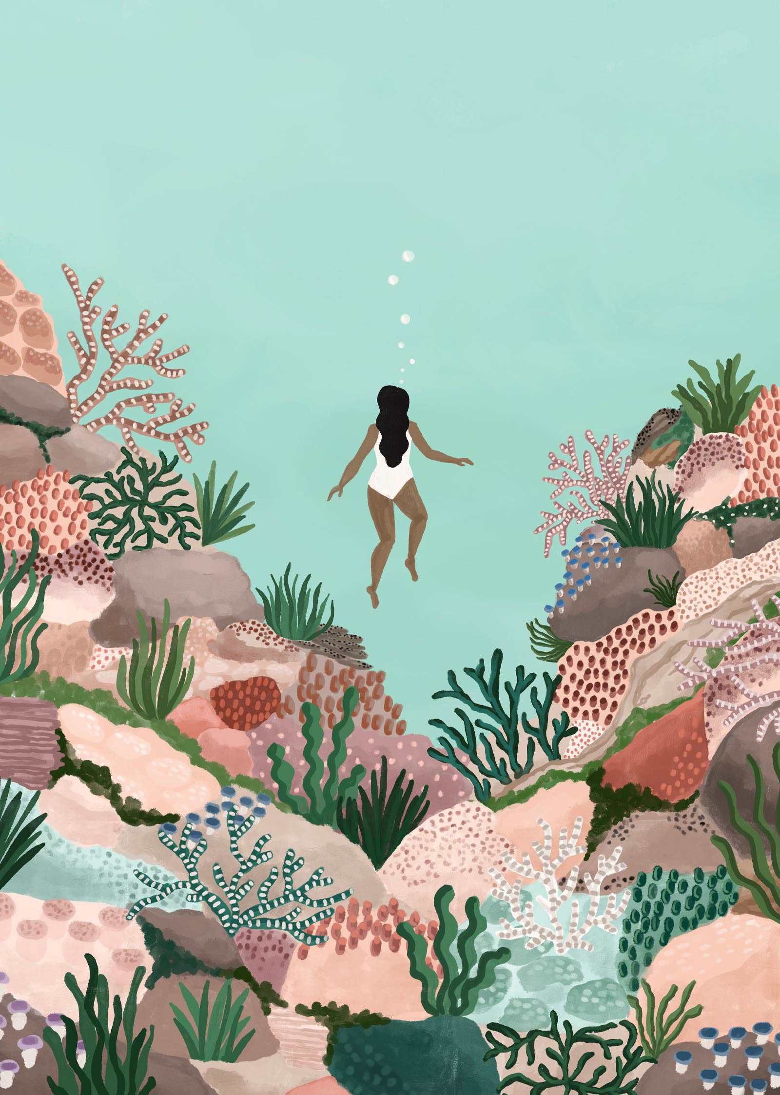 Under the Sea art print featuring a woman exploring a vibrant coral reef underwater scene