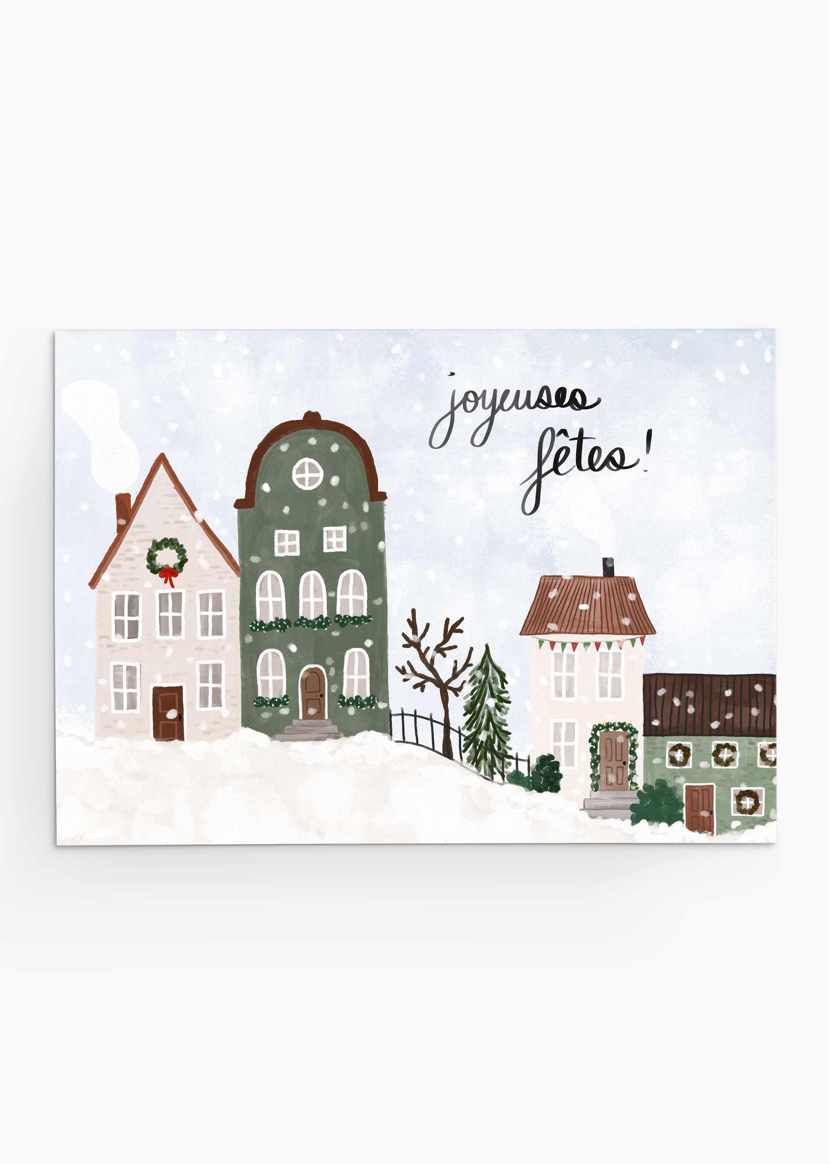 Snowy village Christmas card with cozy homes and twinkling snowflakes on recycled paper