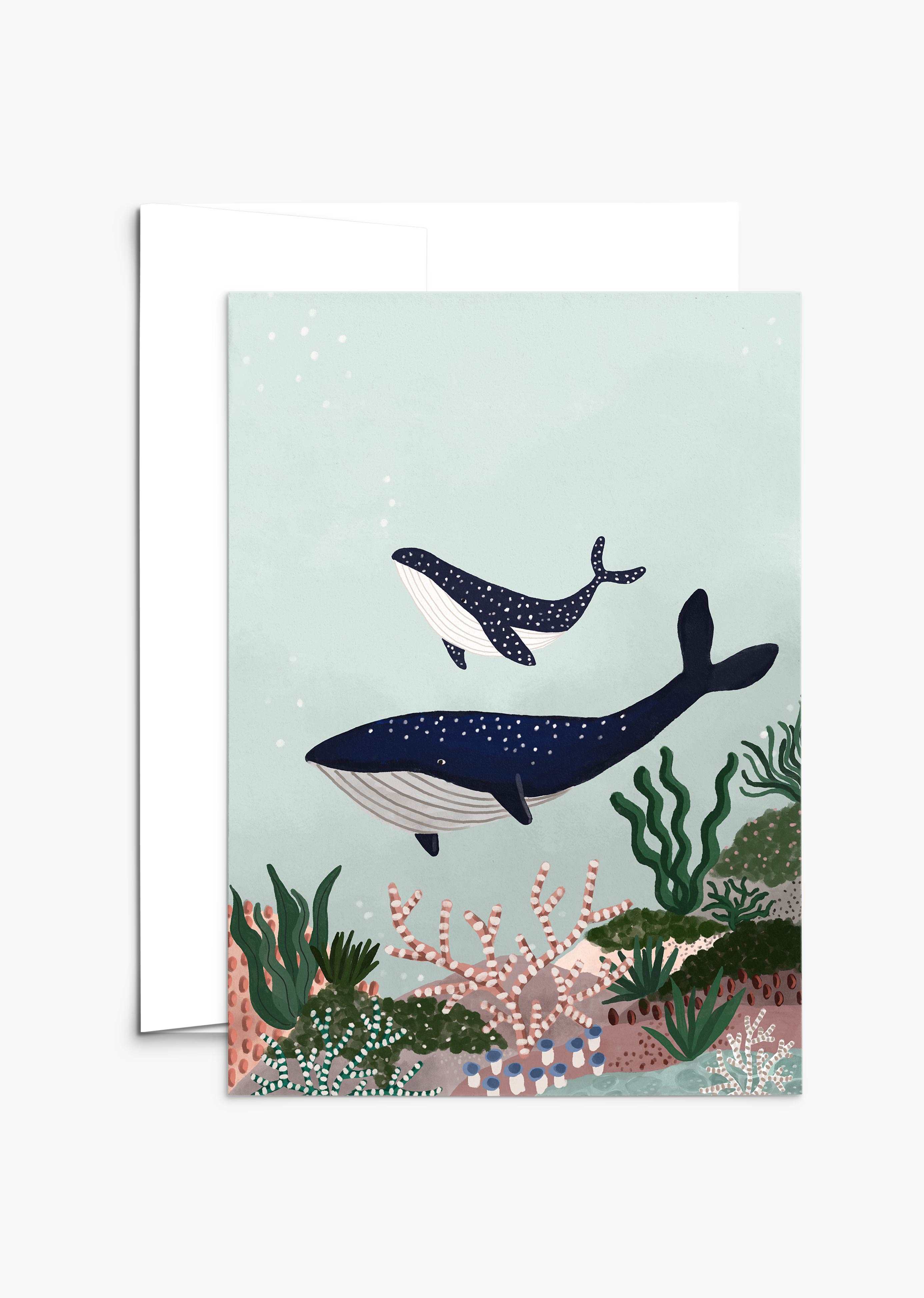 Whales greeting card with mother and baby whale for Mother's Day in ocean setting