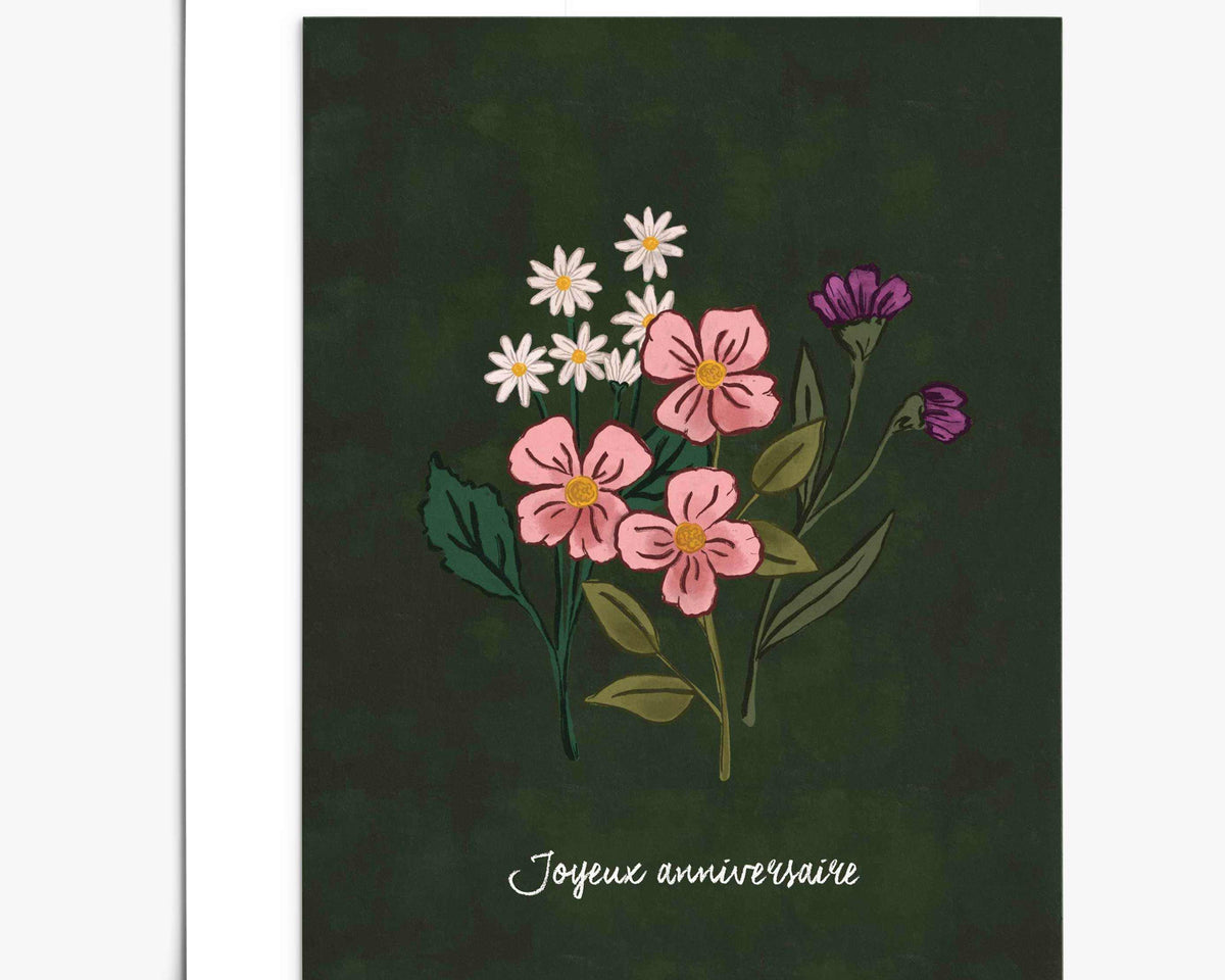 Wildflower Wishes Greeting Card with hand-drawn pink and white flowers on forest green background for birthday wishes