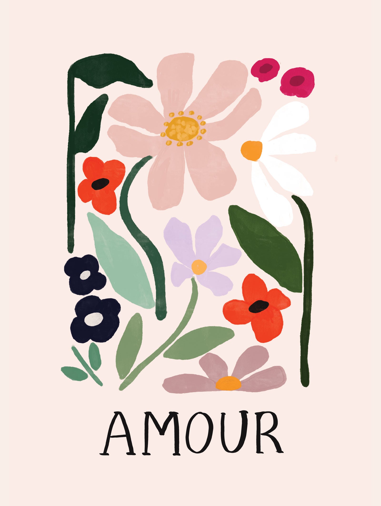 A stylized floral illustration with vibrant flowers and the word "amour" at the bottom, printed on recycled paper. (Amour Art Print by Mimi & August)