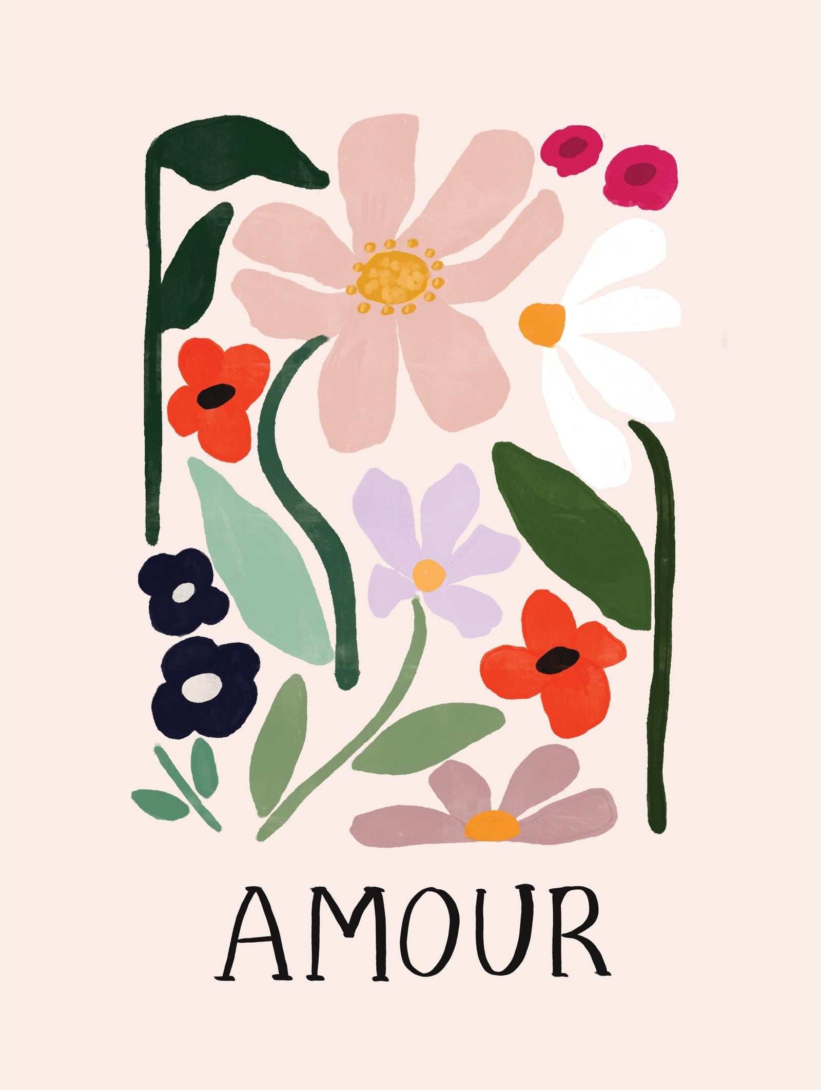 Amour Art Print with vibrant flowers on recycled paper, colorful and playful wall art from Montreal
