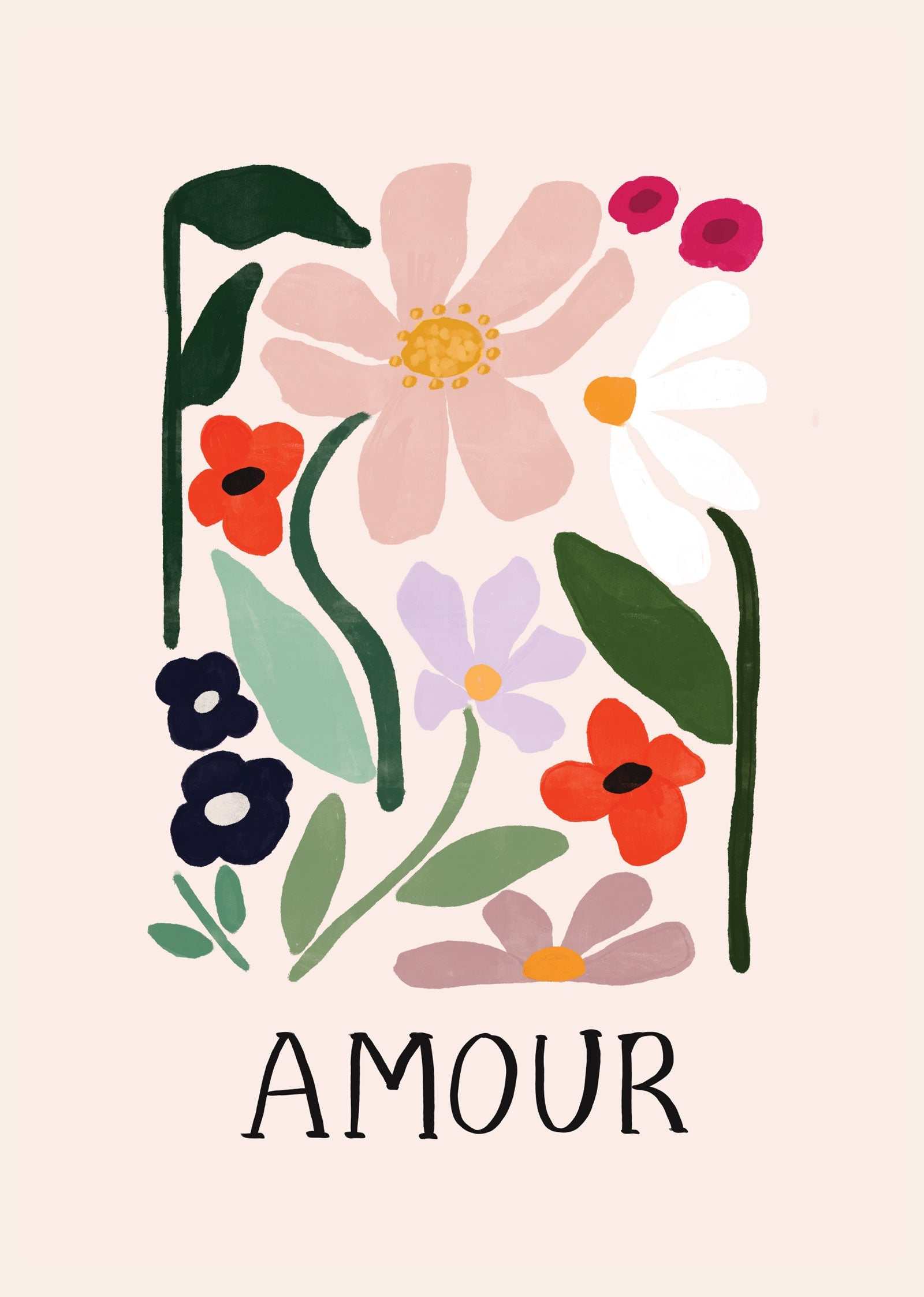 Amour Art Print with vibrant flowers on recycled paper, colorful and playful wall art from Montreal