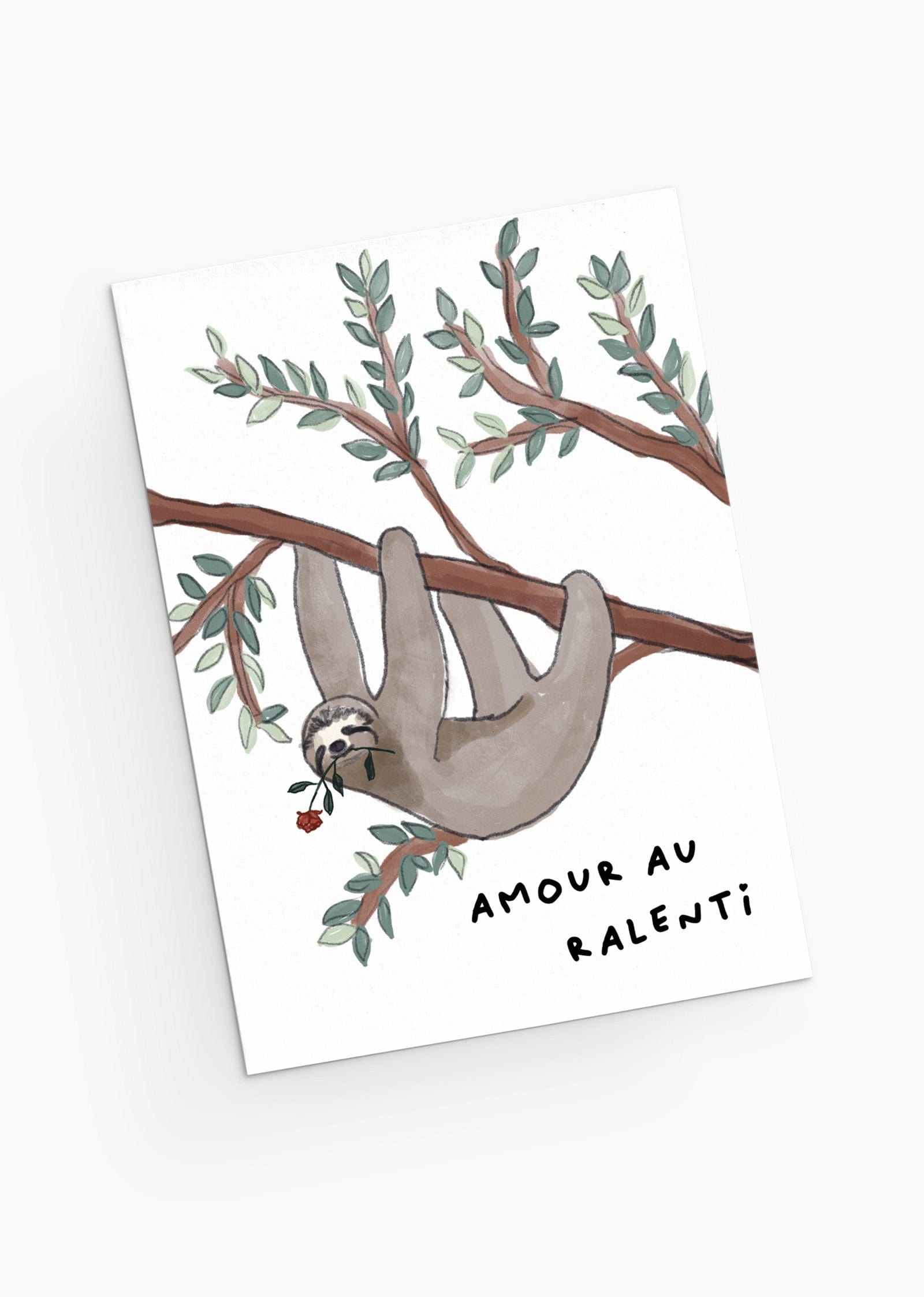 Amour au ralenti-cute sloth with rose climbing on a tree greeting card- by Mimi & August